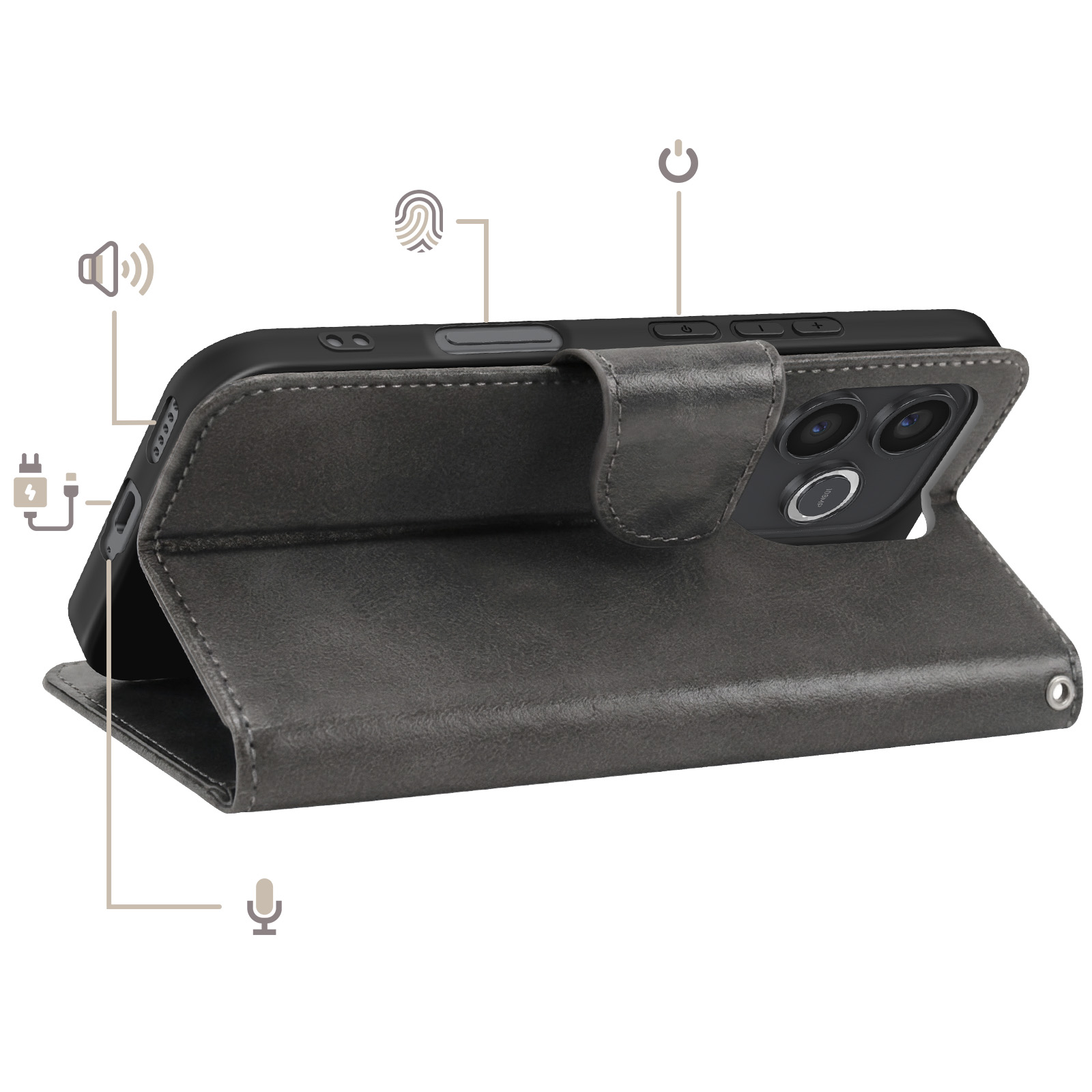 Graues Leder-Flip-Case für ein Smartphone mit Kamera- und Anschlussdetails.