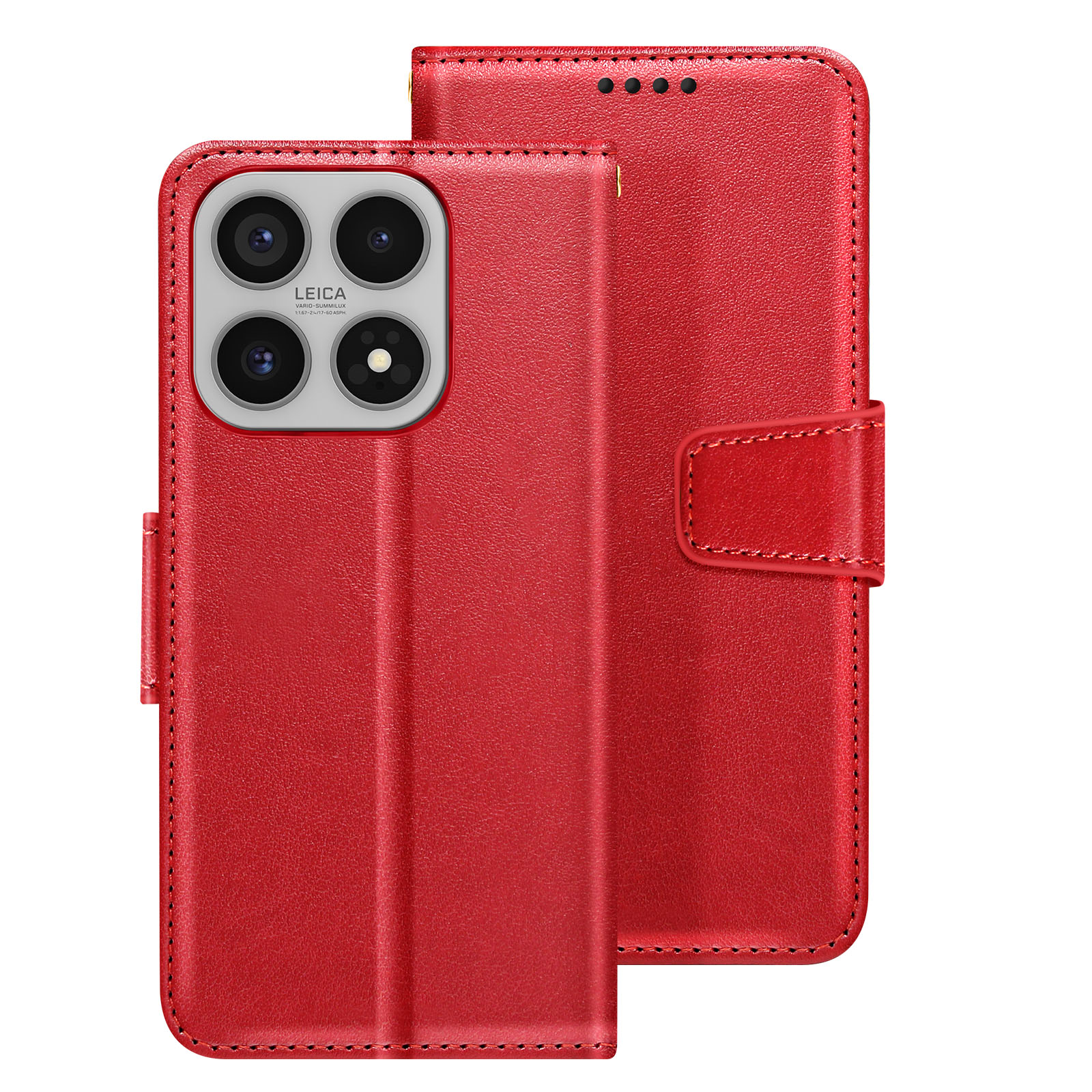 Rotes Lederetui mit vierfacher Kameralinse und Leica-Branding. Geschlossen mit Klappe.