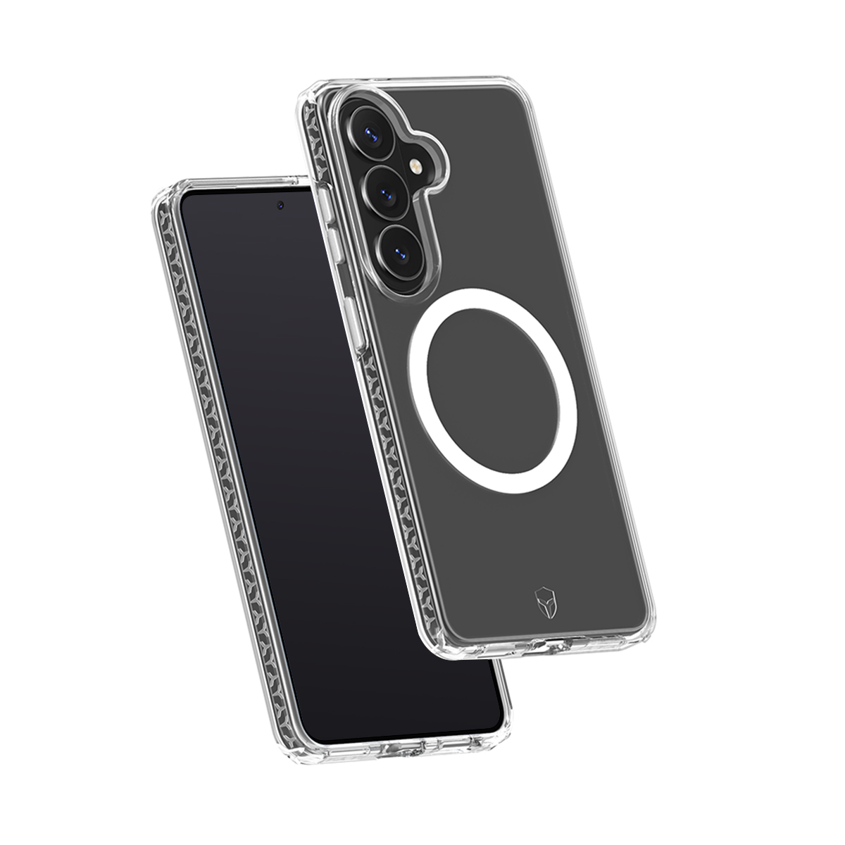 Una funda de teléfono transparente con un círculo blanco detrás y un teléfono.