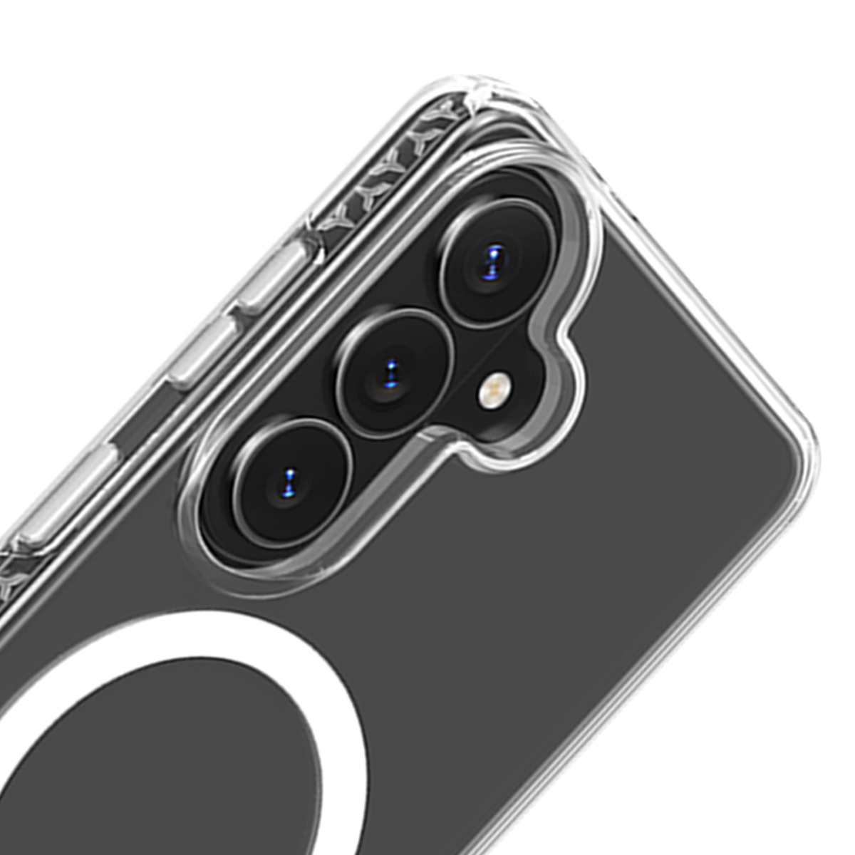 Funda transparente para teléfono con tres cámaras y anillo blanco.