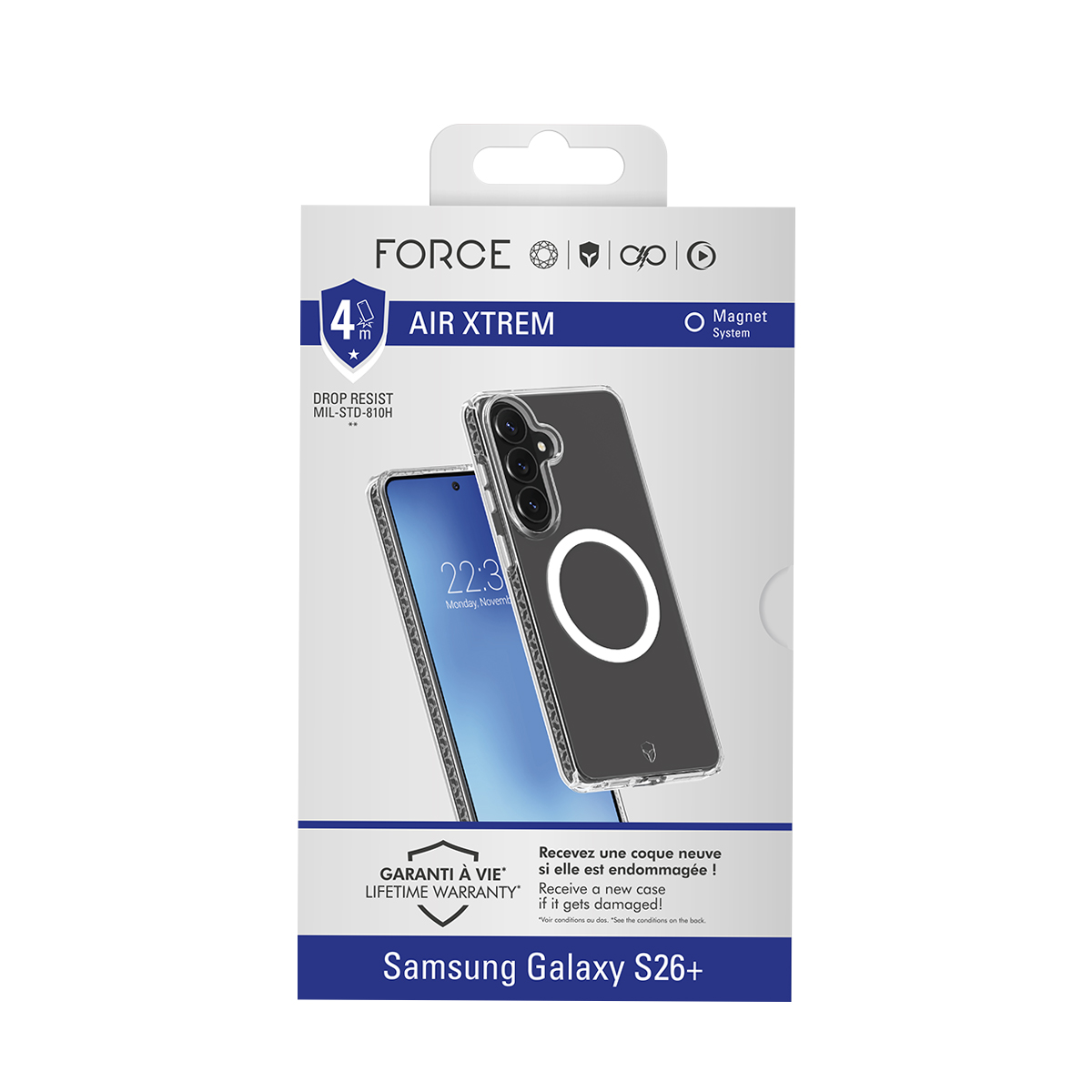 Embalaje de una funda para Samsung Galaxy S26+ con sistema magnético.