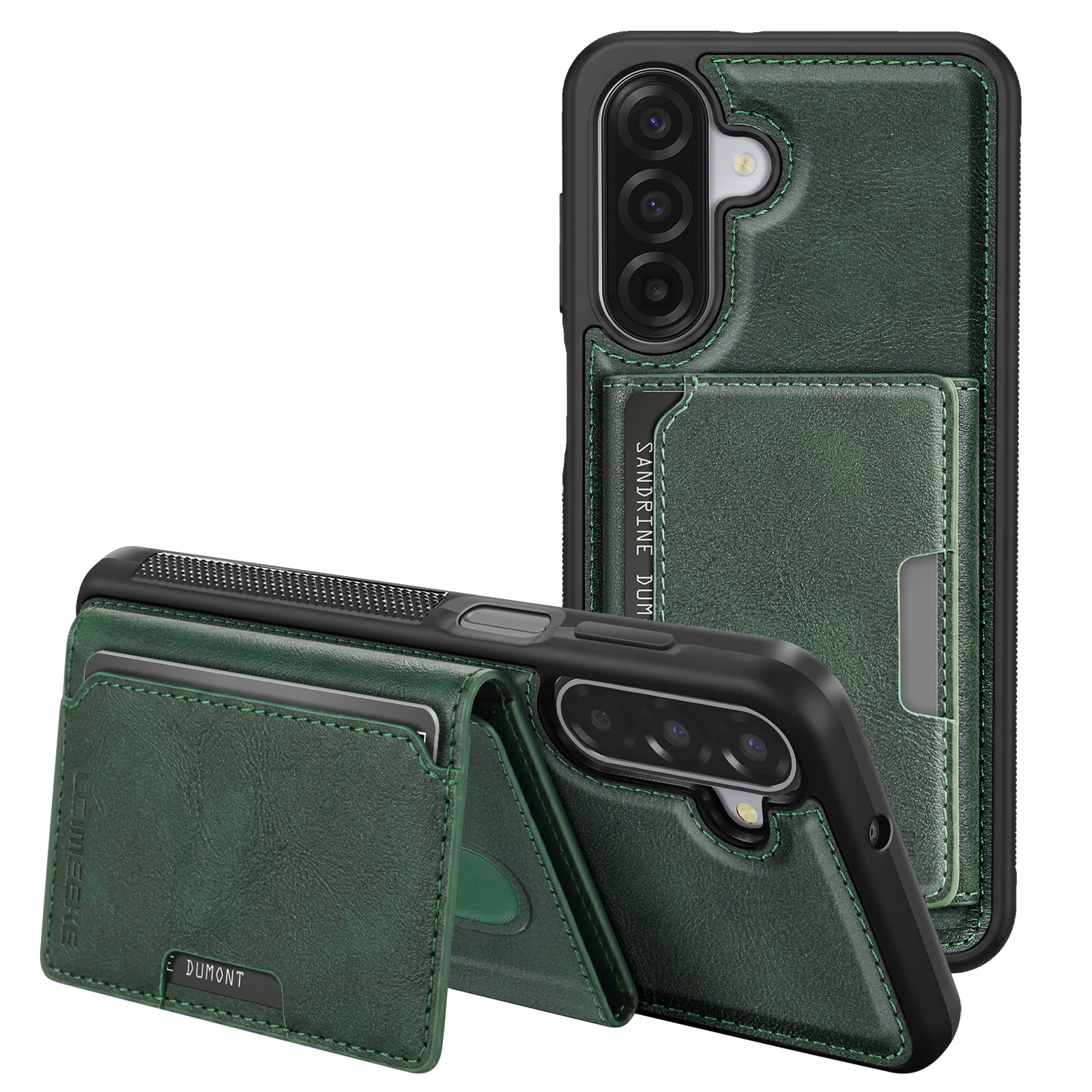 Funda verde oscura para teléfono con ranuras para tarjetas y corte para cámara.