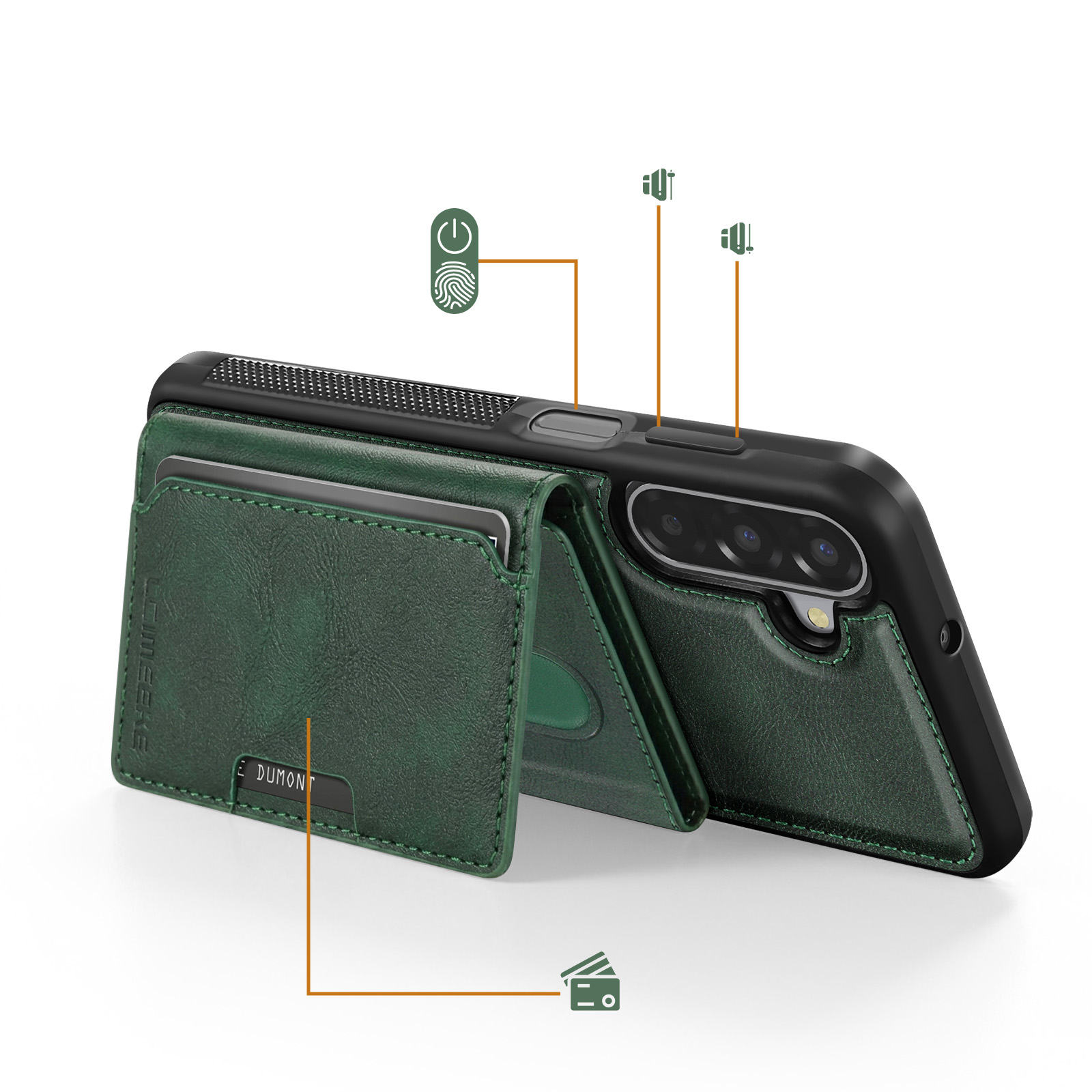 Funda de cuero verde con tarjetero, mostrando botones y cámara.