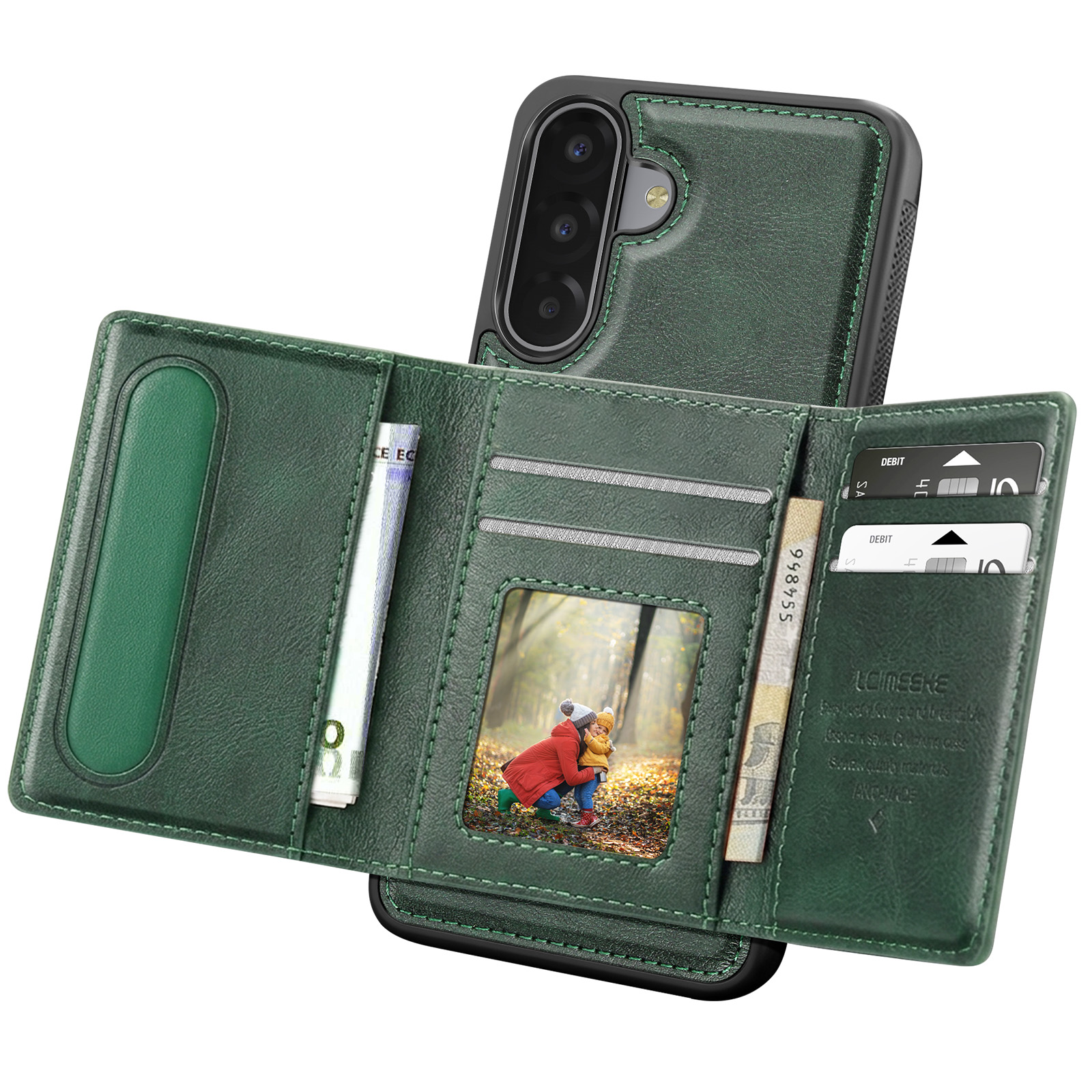 Funda verde para teléfono con billetera, se ven dinero y tarjetas.