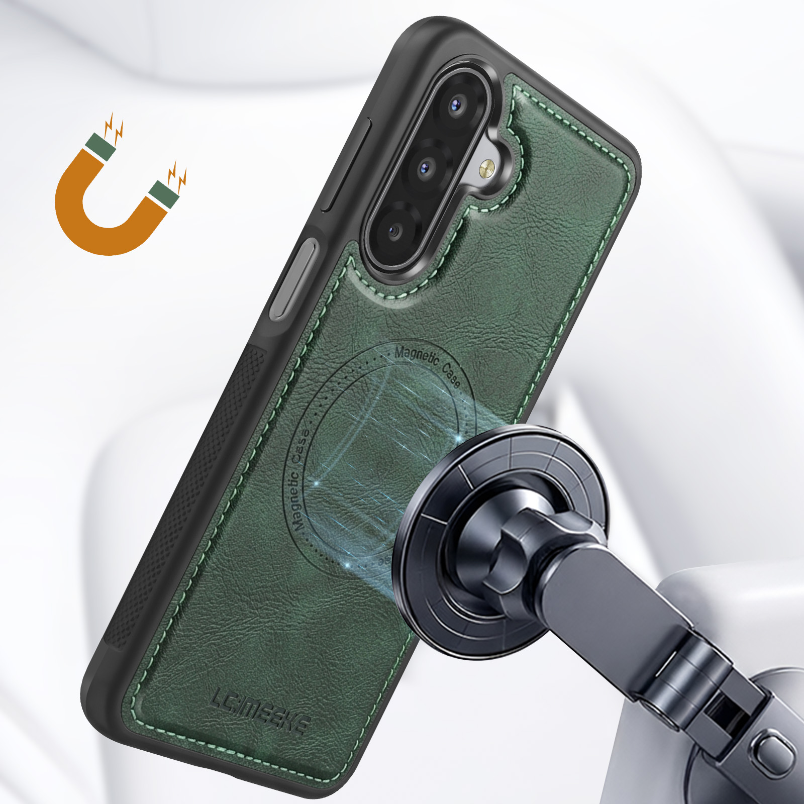 Funda verde para teléfono unida magnéticamente a un soporte, con cámaras y logo.