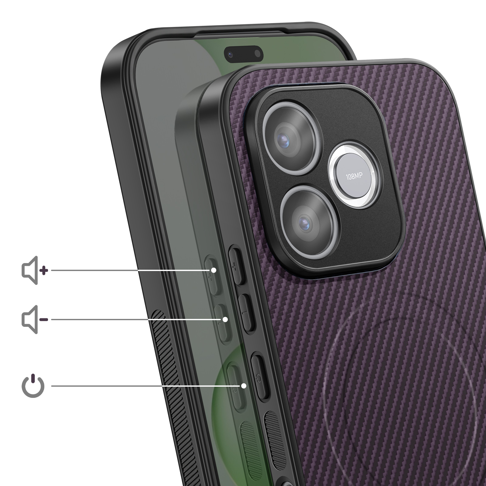 Ein Smartphone mit einer 108MP-Kamera und einem Carbonfaser-Muster.