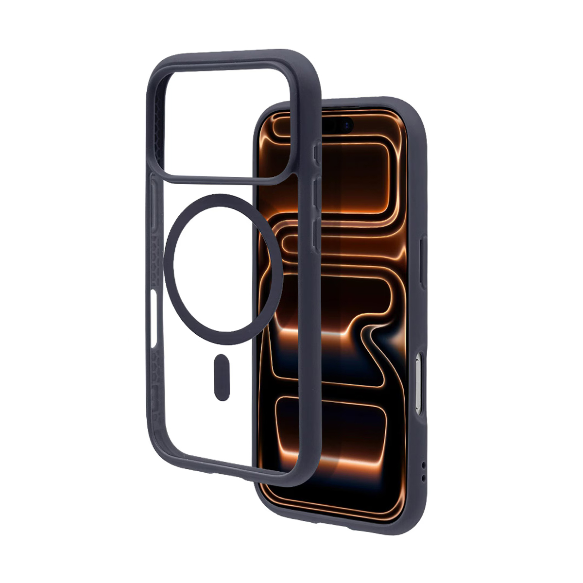 Funda de teléfono gris oscuro con anillo MagSafe y parte trasera transparente.
