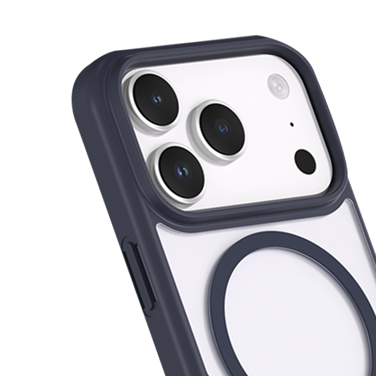 Borde azul oscuro alrededor de una funda de teléfono transparente con tres cámaras.