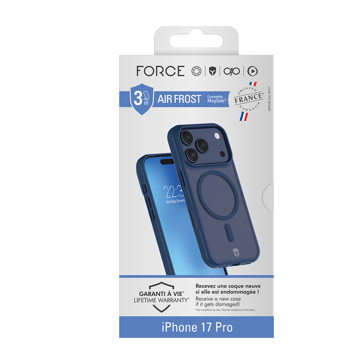 Caja para una funda azul iPhone 17 Pro Air Frost MagSafe.