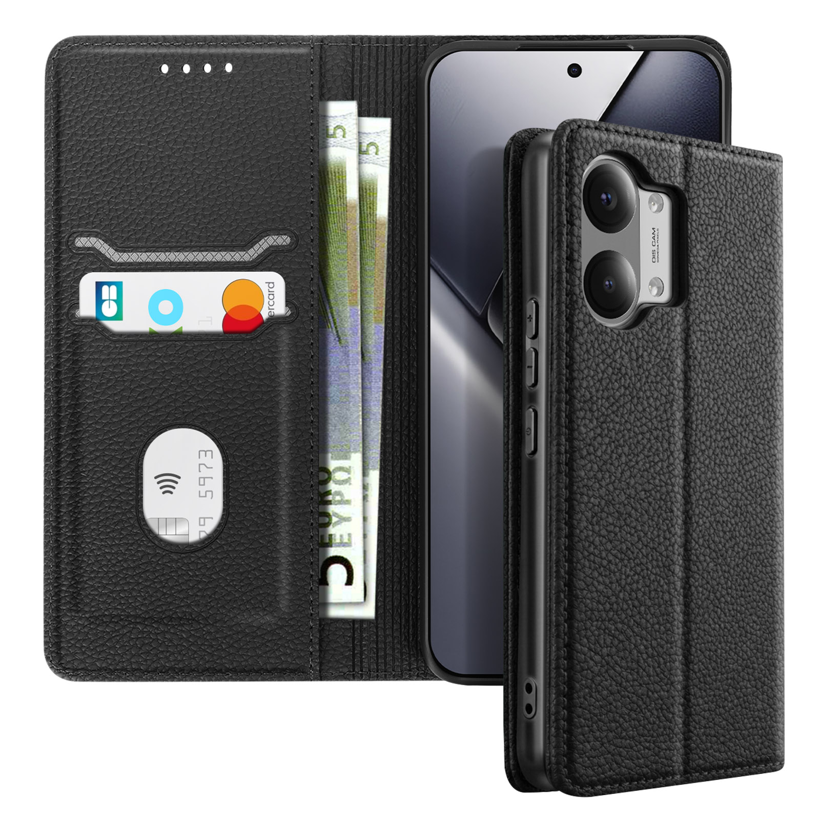 Funda negra para teléfono con ranuras para tarjetas, billetes y teléfono.
