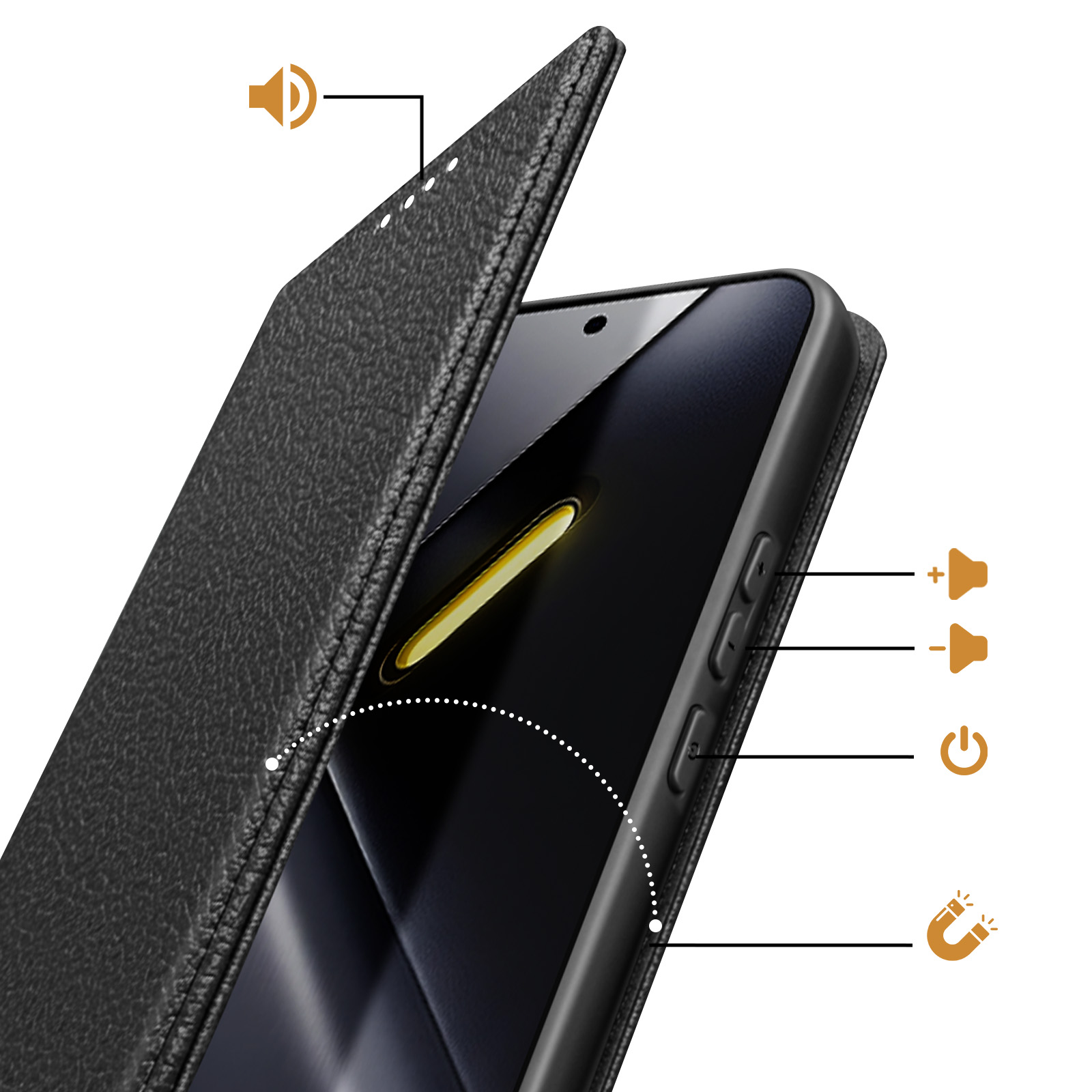 Funda de cuero negra abierta, muestra iconos de volumen, encendido y magnético.