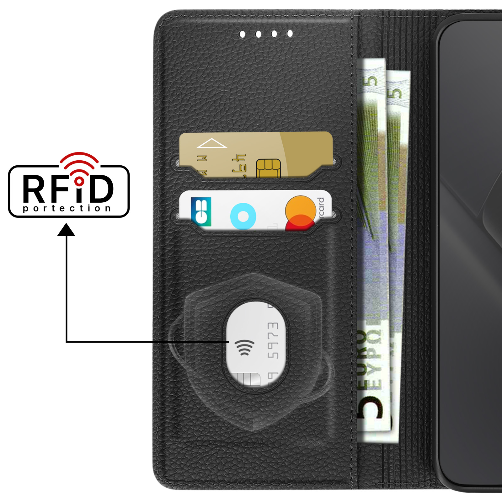 Cartera negra con protección RFID, tarjetas y billetes.
