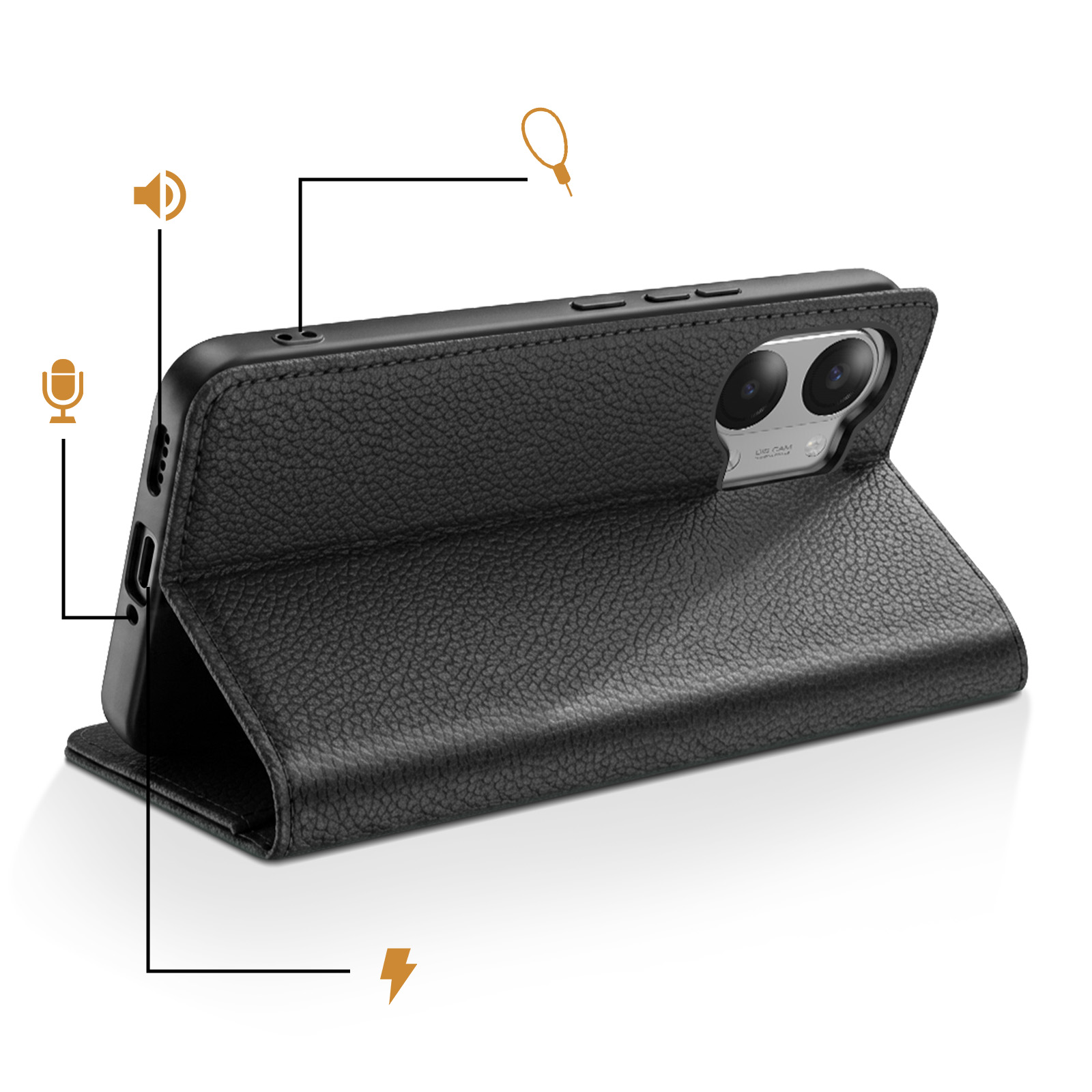 Una funda tipo libro de cuero negro para un smartphone, sobre fondo blanco.