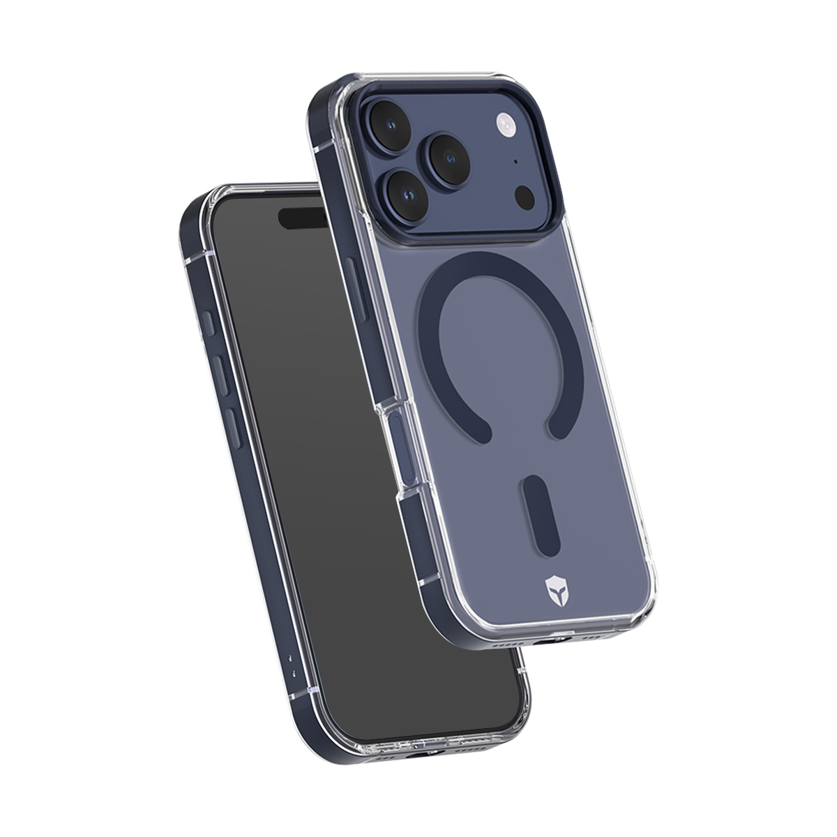 Eine durchsichtige Handyhülle mit Blaustich, die ein Handy zeigt. Magnetring sichtbar.