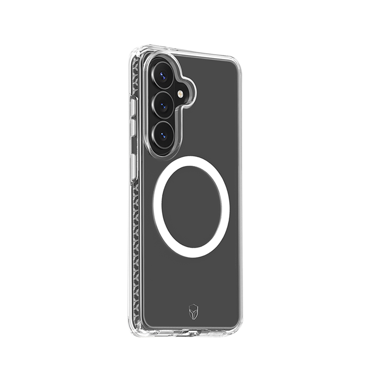 Una funda transparente para teléfono con tres cámaras y un círculo blanco.