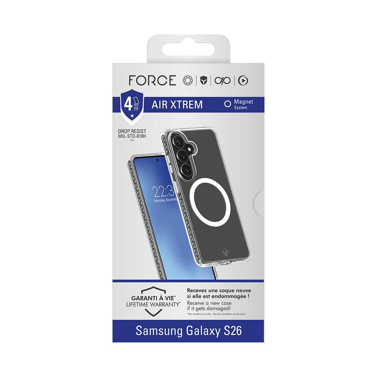 Embalaje de funda Samsung Galaxy S26, mostrando el teléfono con funda.