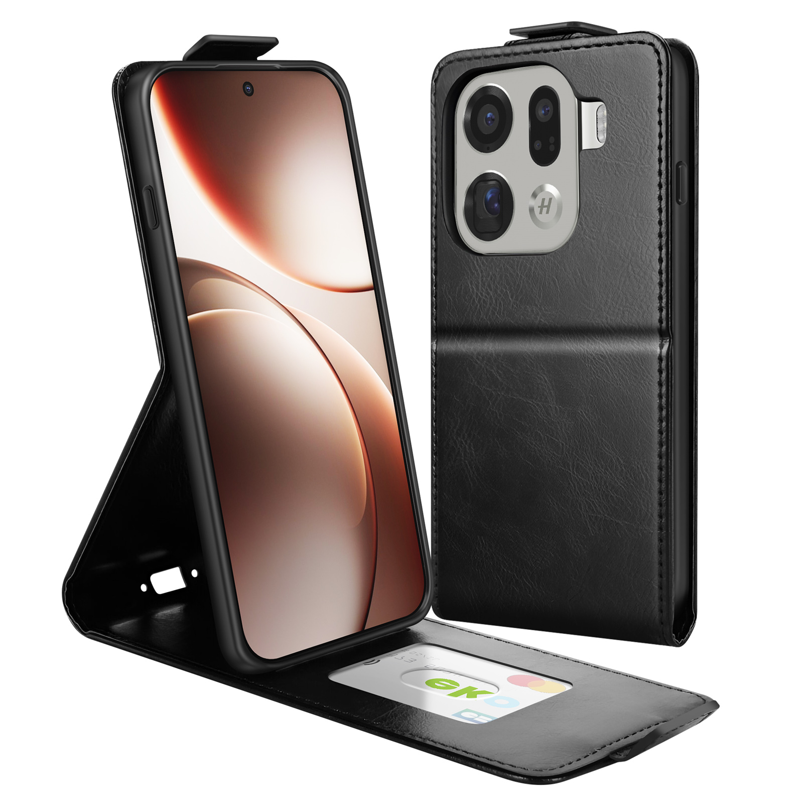 Funda de teléfono de cuero negro, abierta, con ranura para tarjetas y recorte para cámara.