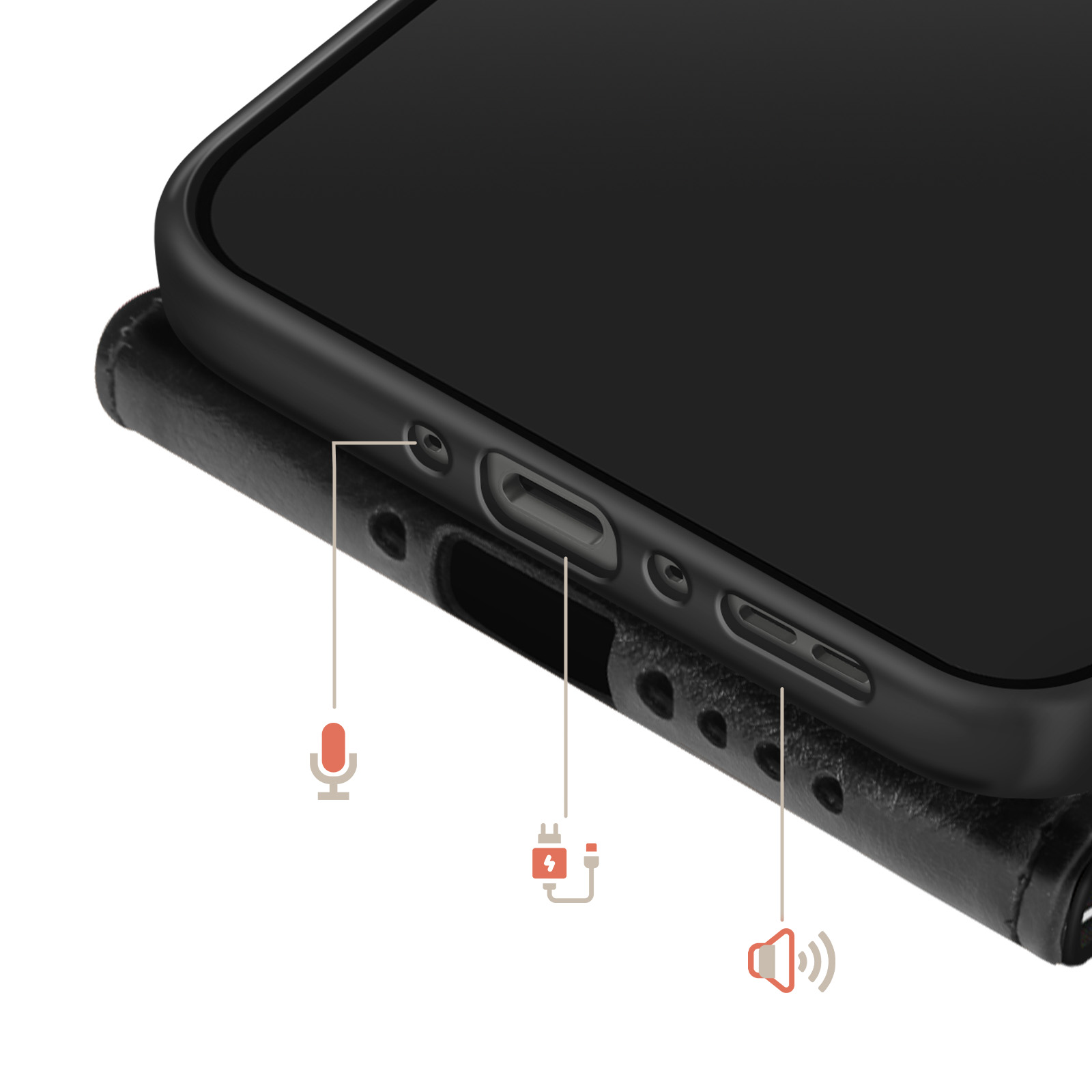 Primer plano de un smartphone negro mostrando puertos de altavoz, carga y micrófono.