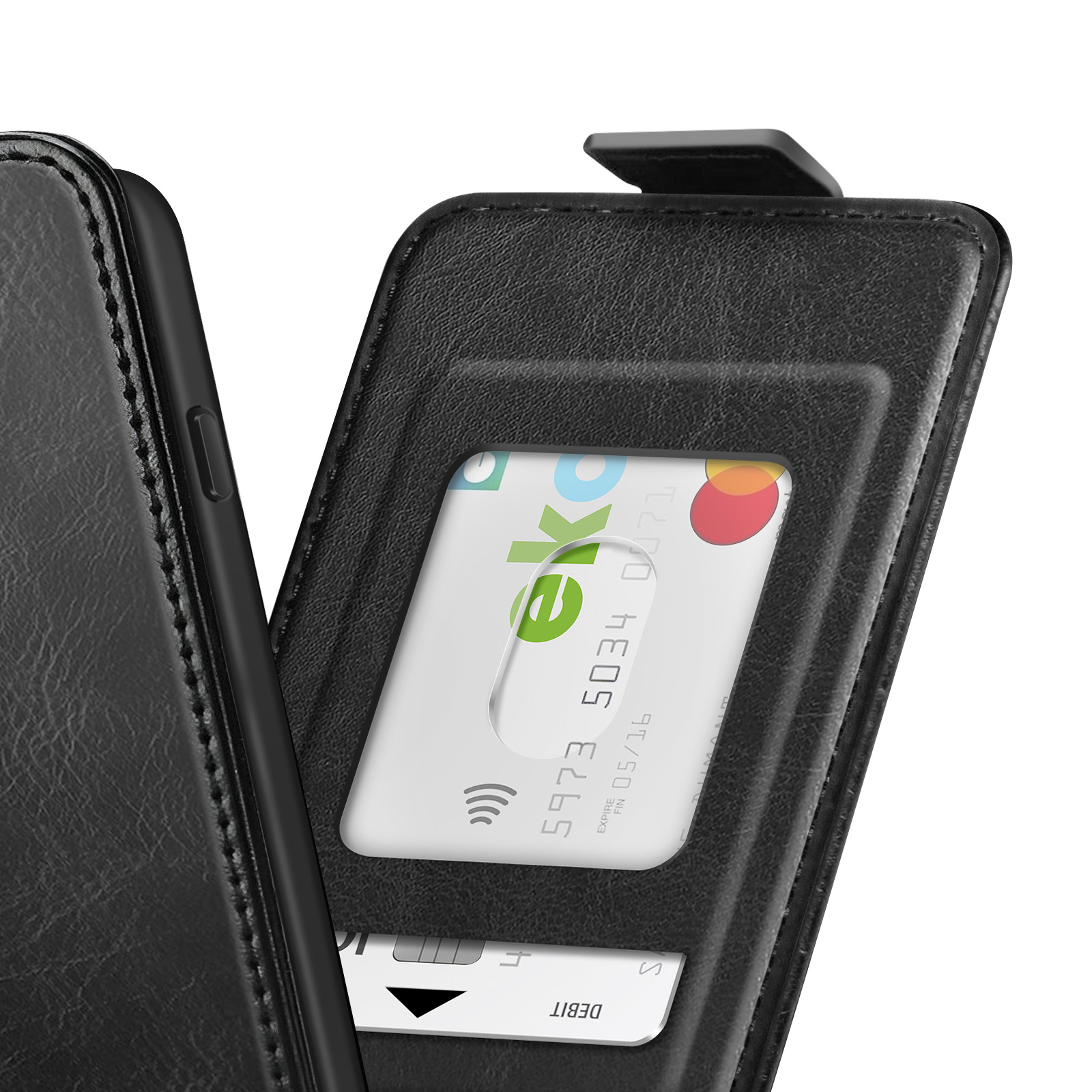 Funda de teléfono de cuero negro con ranura para tarjetas, muestra una tarjeta blanca con logo.