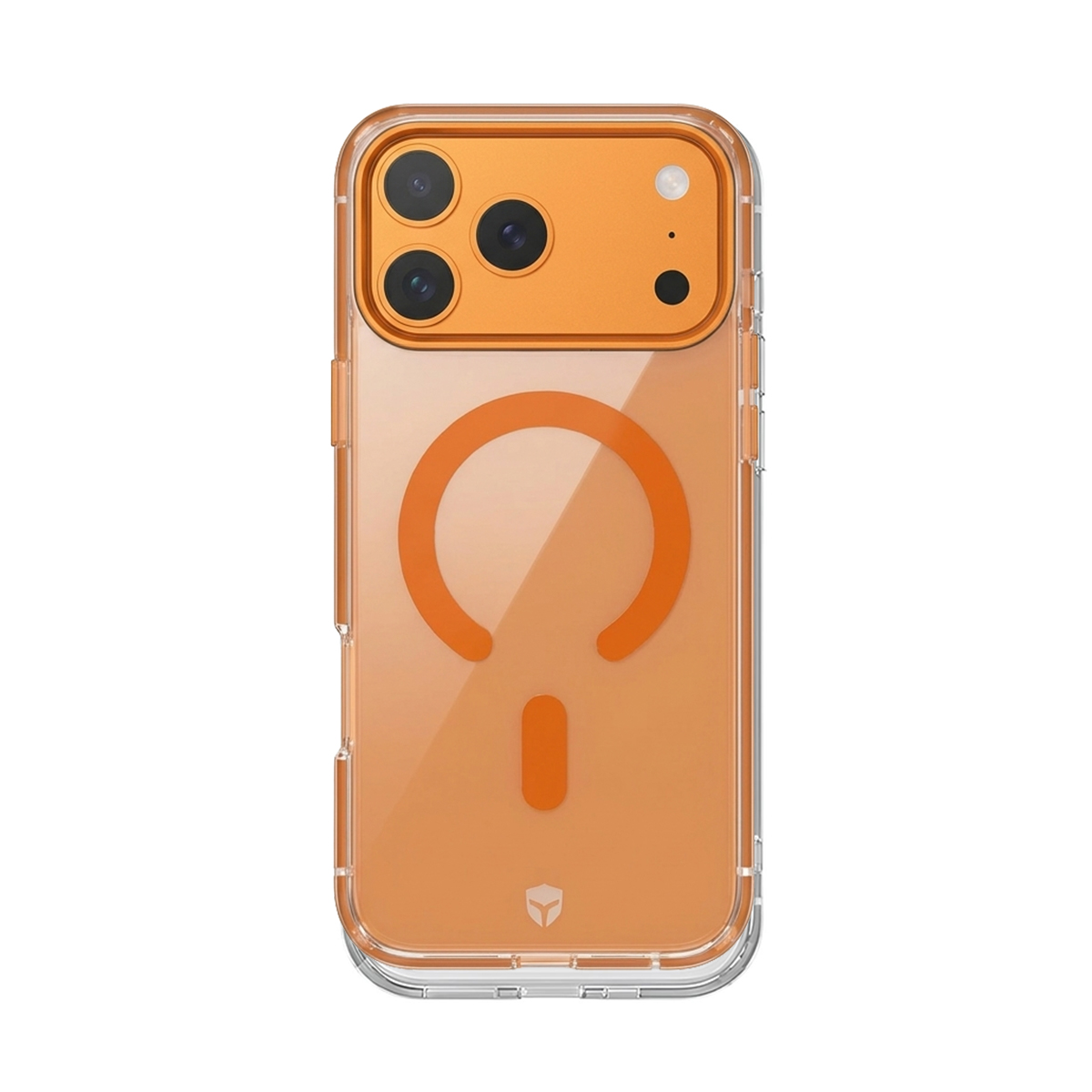 Transparente Hülle mit orangefarbenem Kameramodul und MagSafe-Ring.