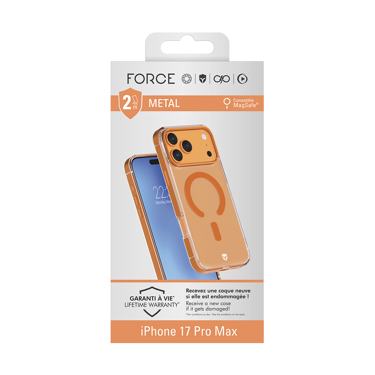 Verpackung für iPhone 17 Pro Max Hülle mit MagSafe-Kompatibilität und Metallrahmen.