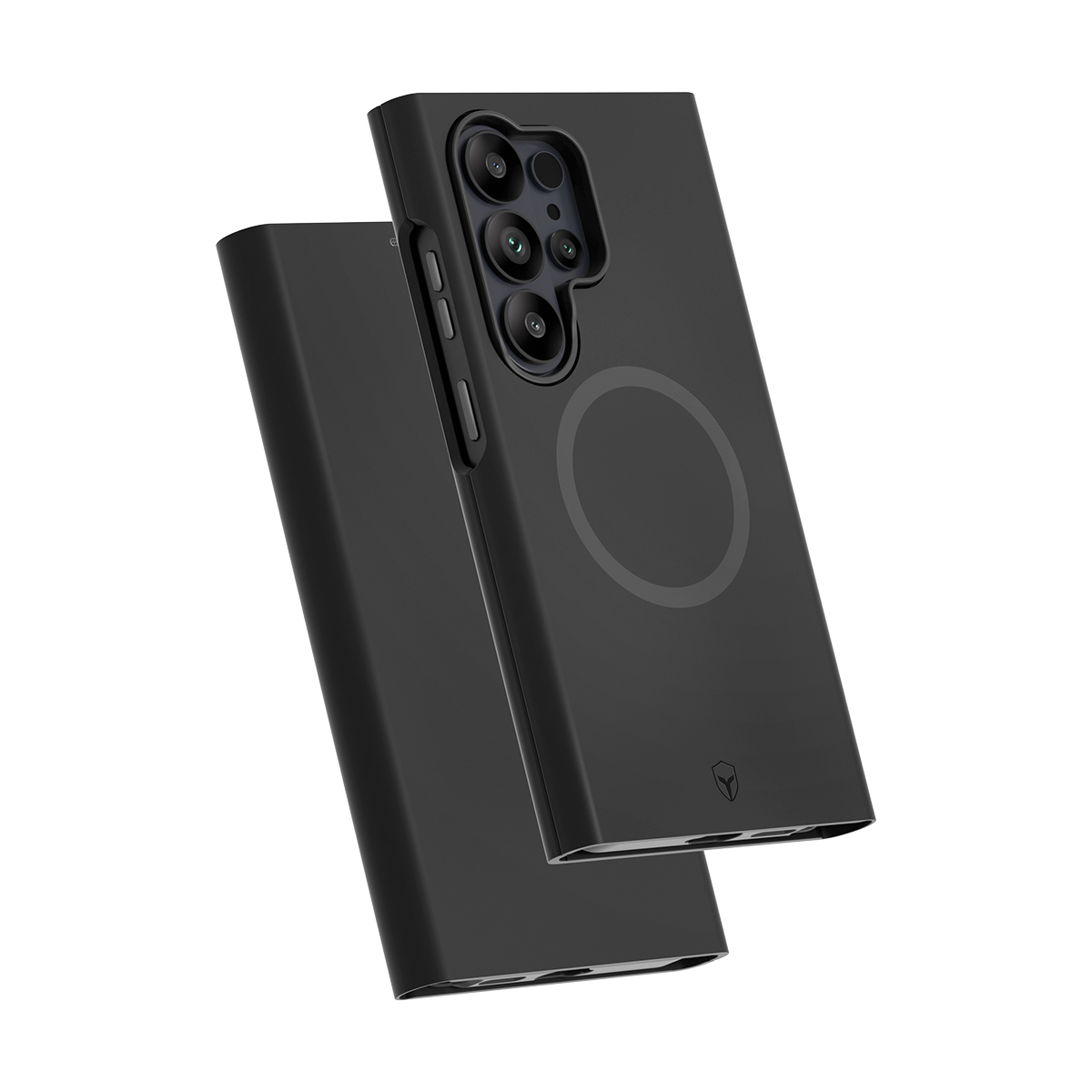 Dos fundas de teléfono negras con cámaras y anillo magnético sobre fondo blanco.