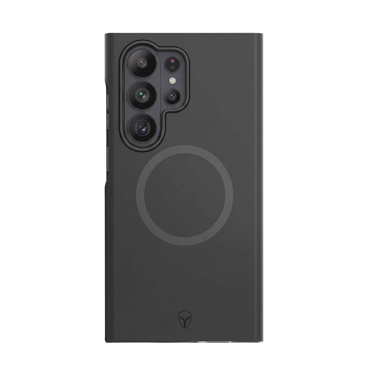 Funda negra para teléfono con matriz de cámara y anillo magnético.