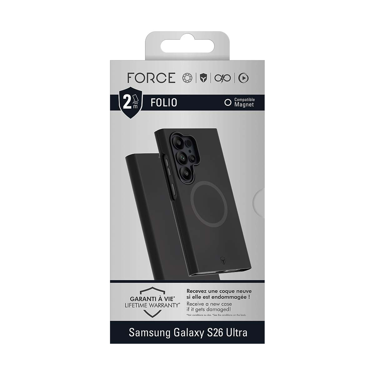 Embalaje para funda Samsung Galaxy S26 Ultra con imán. Negro.