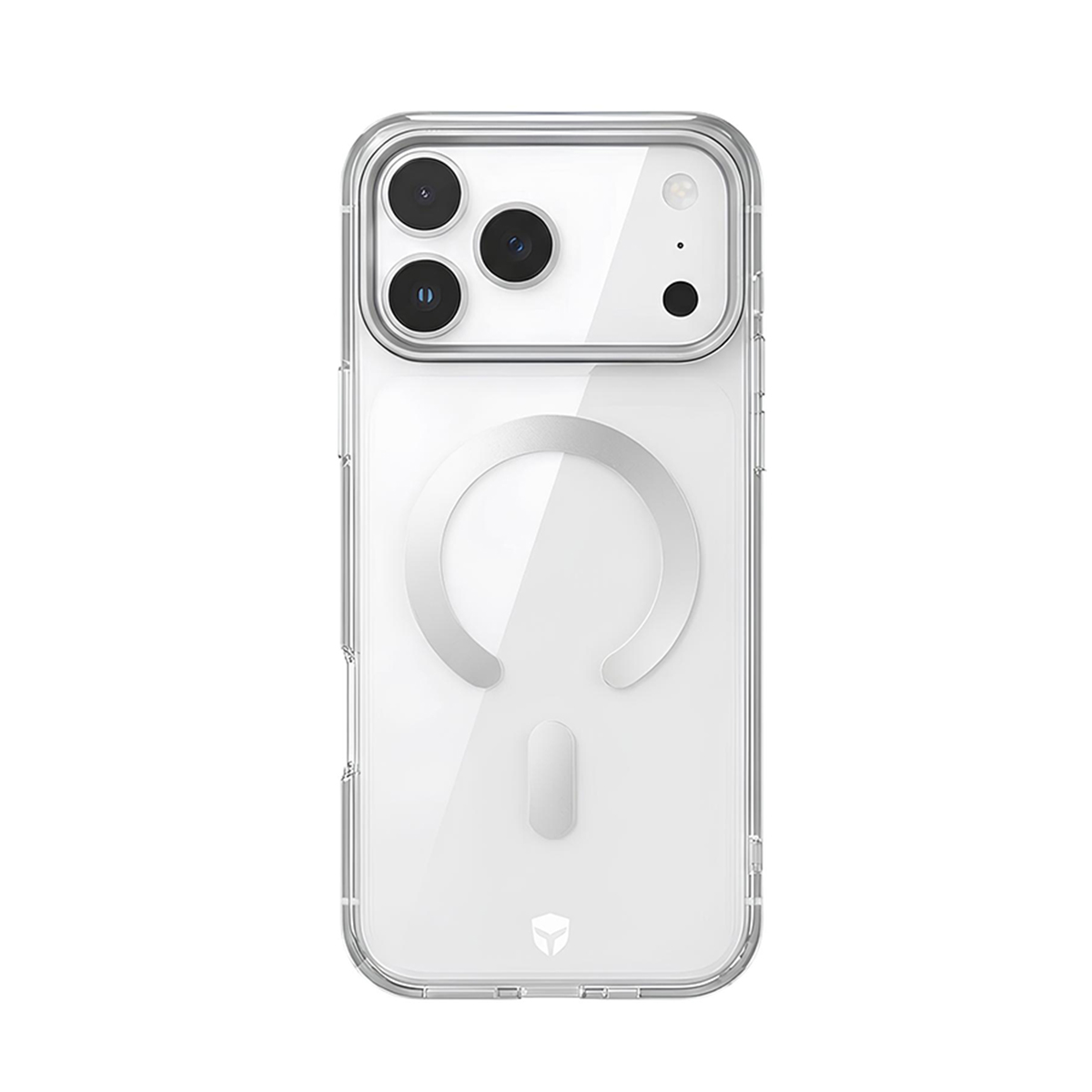 Transparente Handyhülle mit MagSafe-Ring und drei Kameralinsen. Weißer Hintergrund.