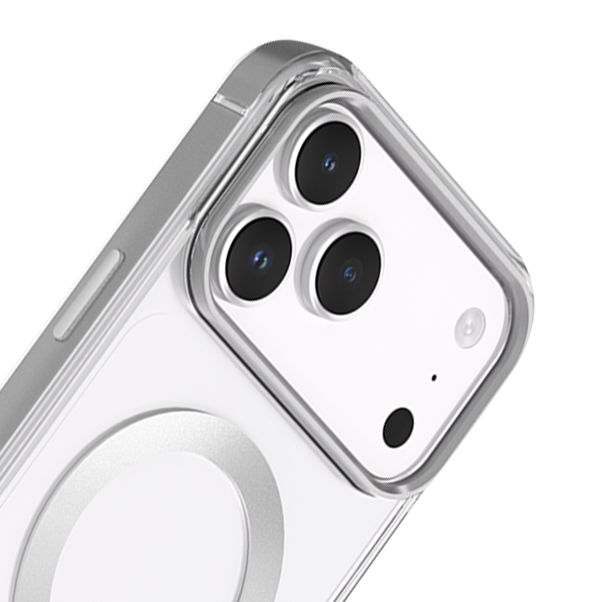 Nahaufnahme der Rückseite eines weißen iPhones mit transparentem Gehäuse und drei Kameras.