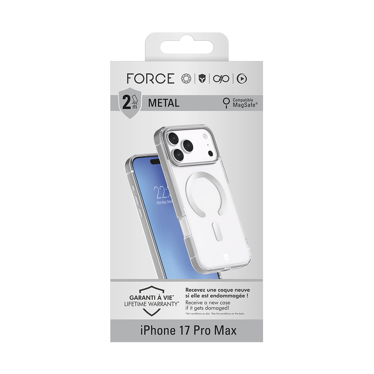 Verpackung für ein iPhone 17 Pro Max mit MagSafe Hülle, die 2m Fallschutz bietet.