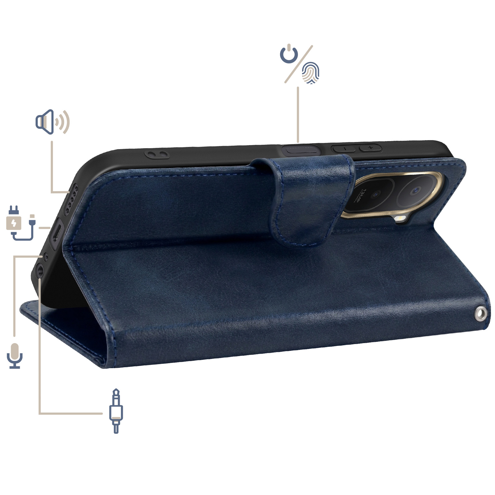 Dunkelblaue Handyhülle im Buchstil, geöffnet, mit hervorgehobenen Anschlüssen und Kameras.