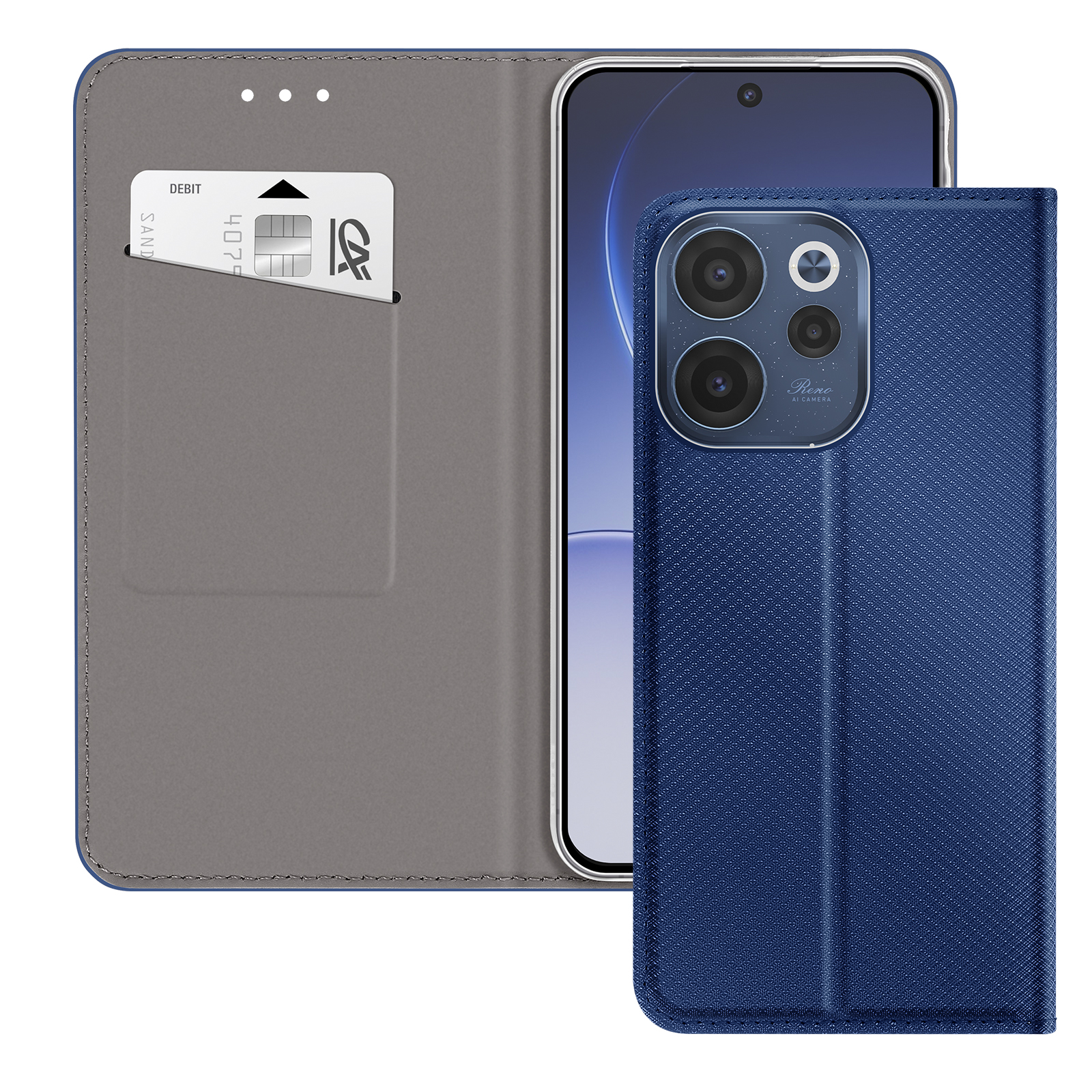 Ein blaues Handy mit einer geöffneten Hülle, die eine Karte enthält.