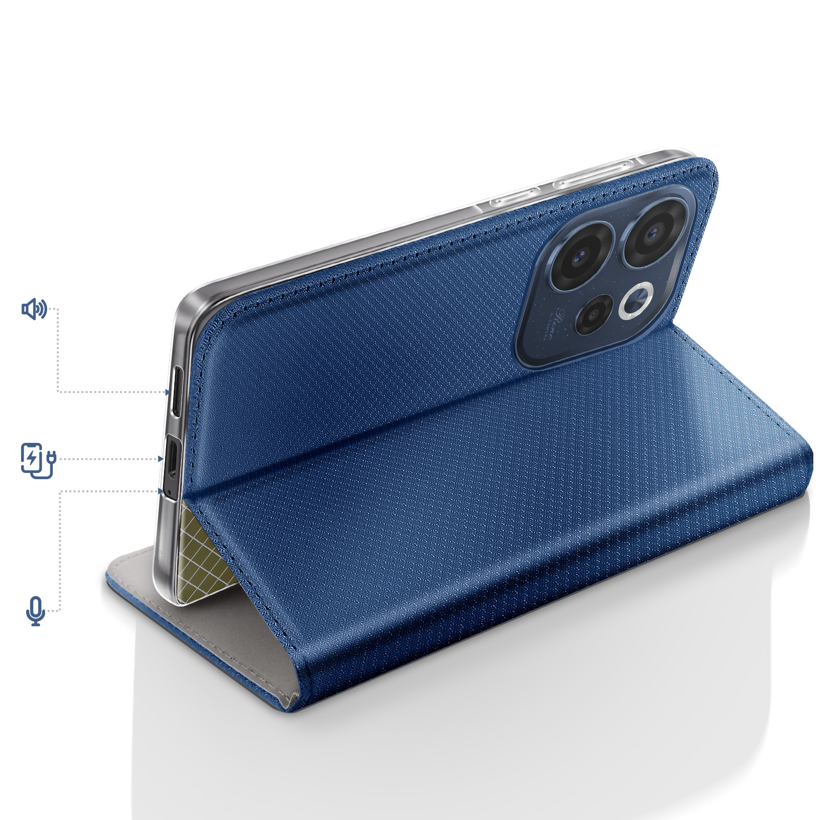Ein blaues Flip-Case für ein Smartphone mit drei Kameras.