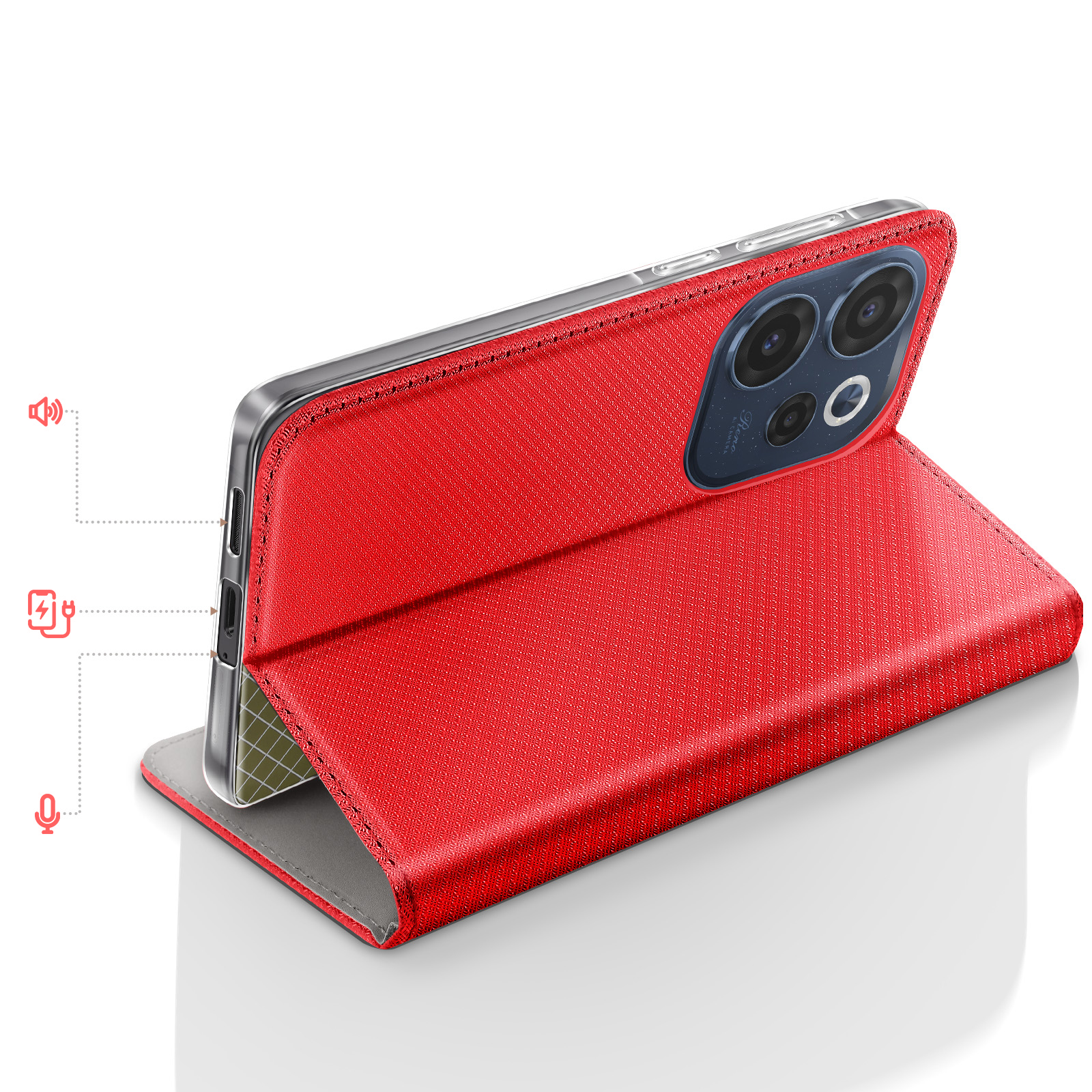 Rotes Handy-Flipcase mit sichtbarer Kamera und Tasten. Weißer Hintergrund.