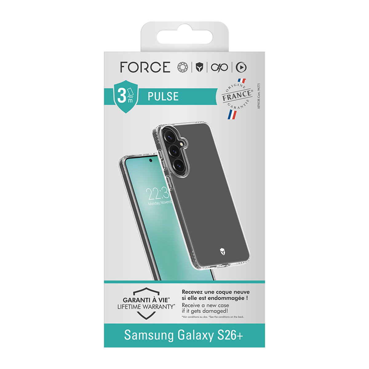 Verpackung für eine Samsung Galaxy S26+ Handyhülle mit Garantie.