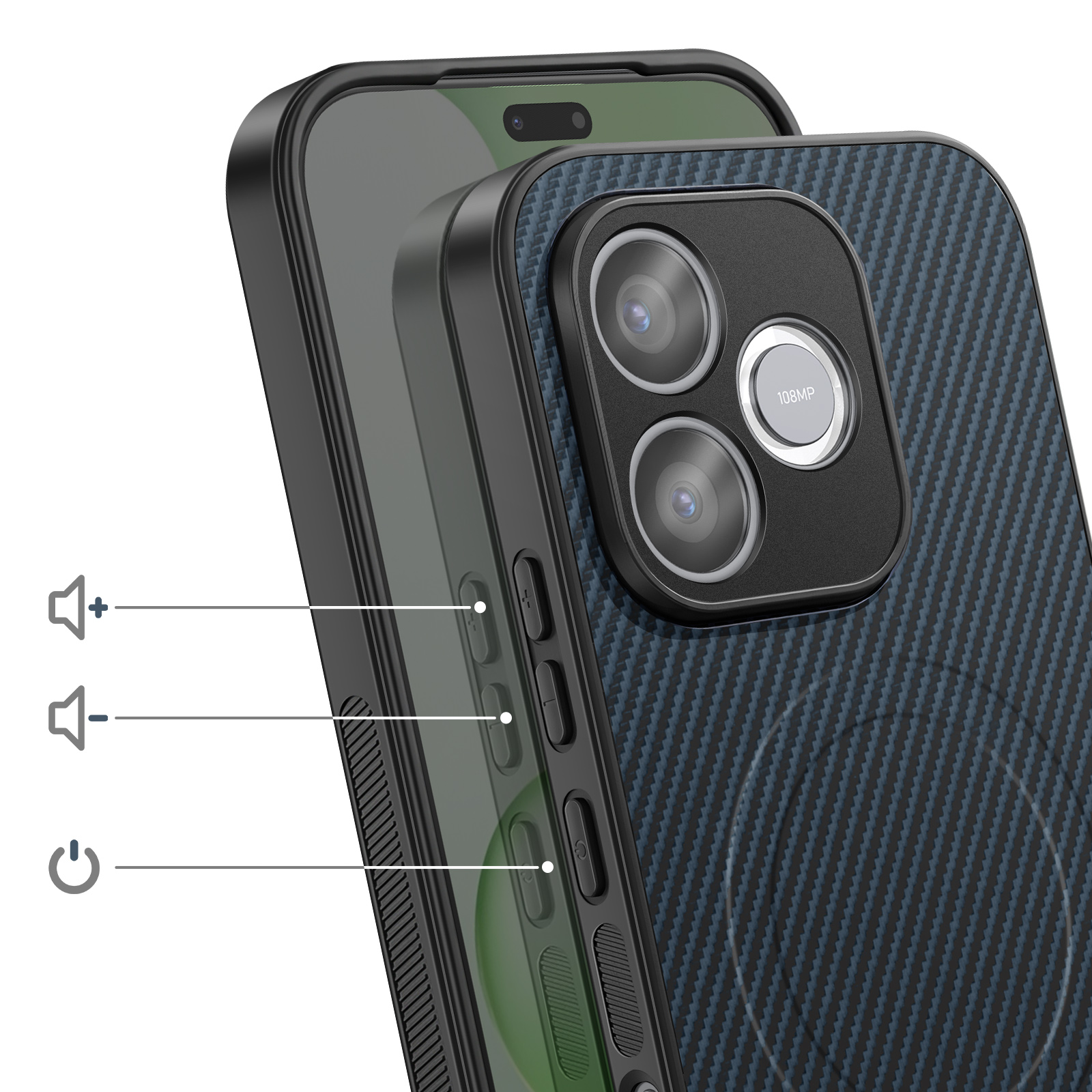 Nahaufnahme eines dunklen Handy-Schutzcovers mit 108MP-Kamera.