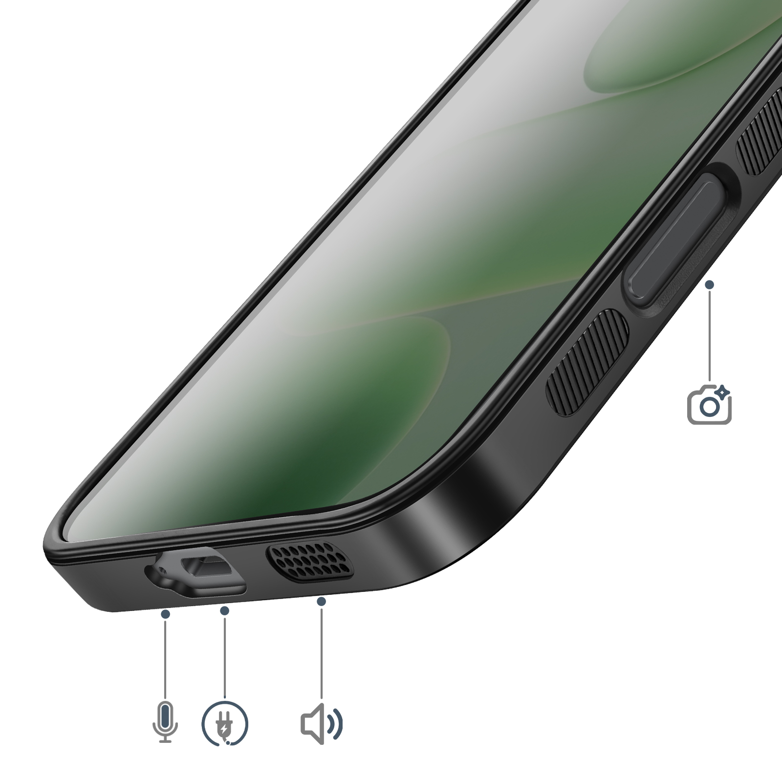 Nahaufnahme eines schwarzen Smartphones mit Symbolen für Mikrofon, Laden und Lautsprecher.