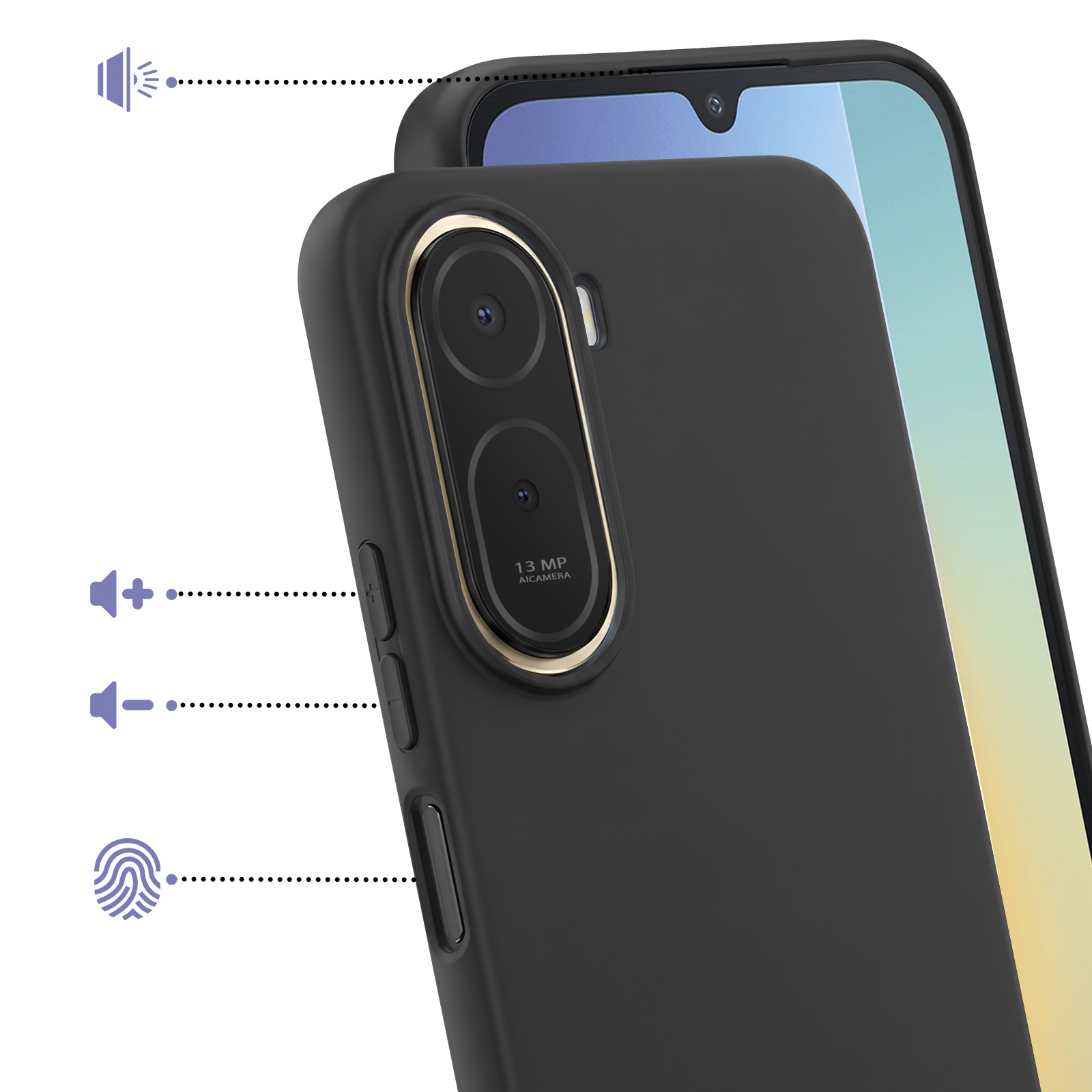 Schwarze Handyhülle überlagert ein Smartphone, mit hervorgehobener Kamera und Lautstärketasten.