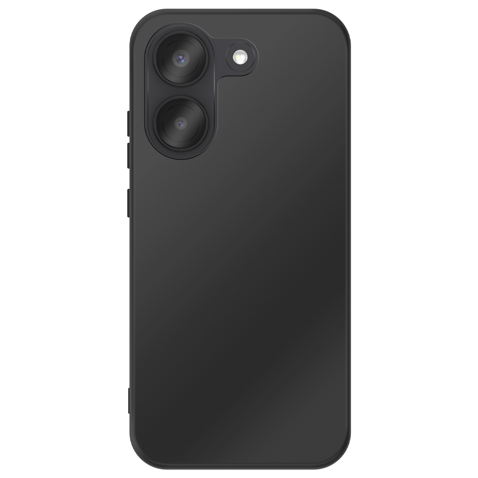 Schwarzes Smartphone mit zwei Kameralinsen und Blitz auf der Rückseite.