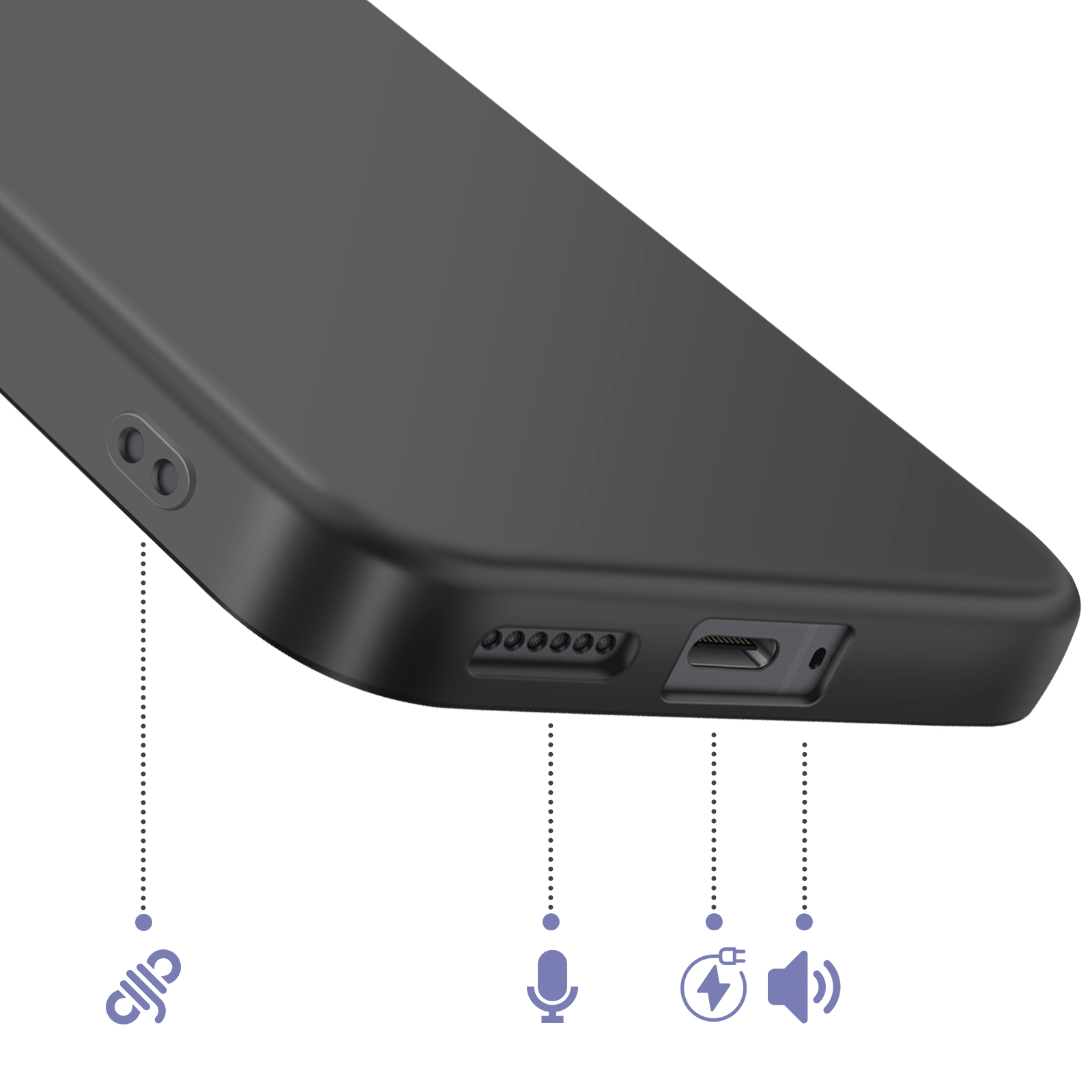 Schwarzes Smartphone mit Anschlüssen und Symbolen für Mikrofon, Laden und Lautsprecher.