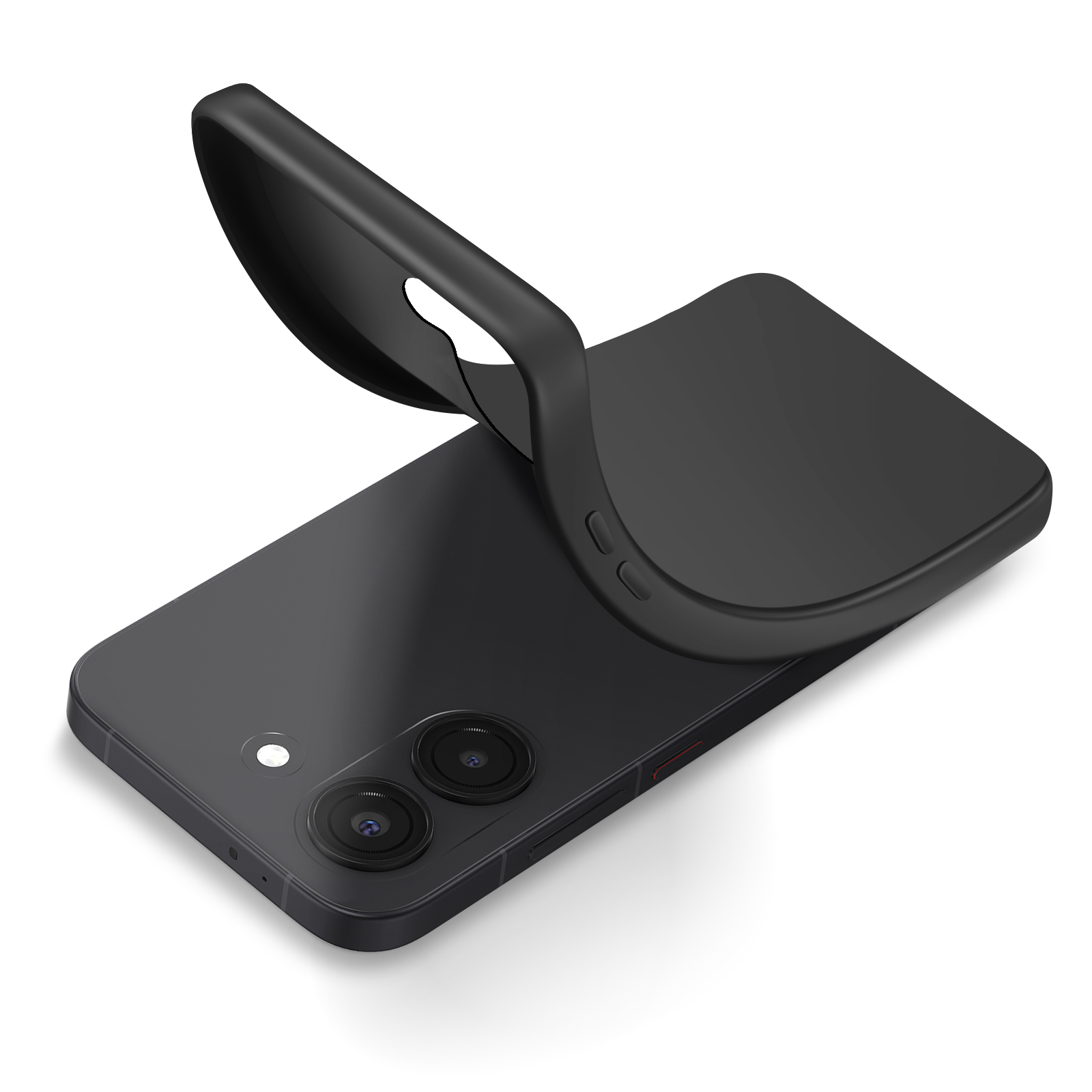 Schwarzes Smartphone mit einer halb aufgesetzten Hülle und zwei Kameralinsen.