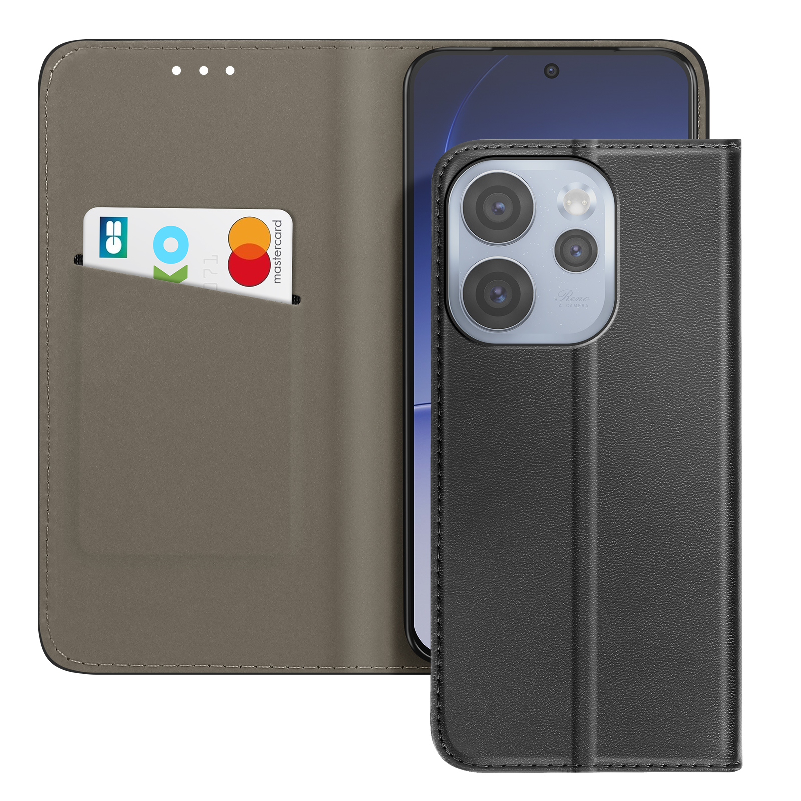 Ein schwarzes Handy in einer offenliegenden Brieftaschenhülle mit Kartenfach.