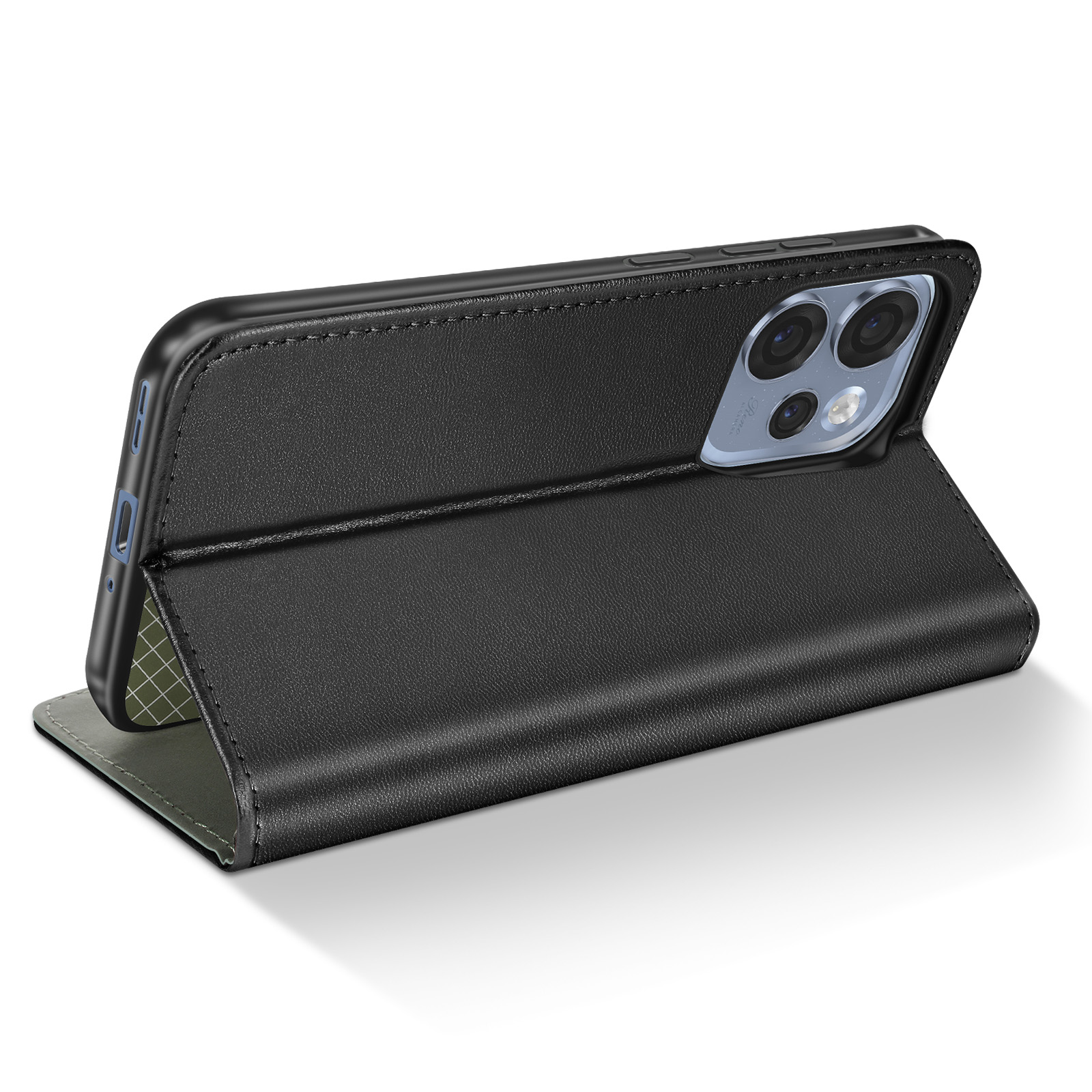 Ein schwarzes Leder-Flip-Case für ein Smartphone mit drei Kameras.