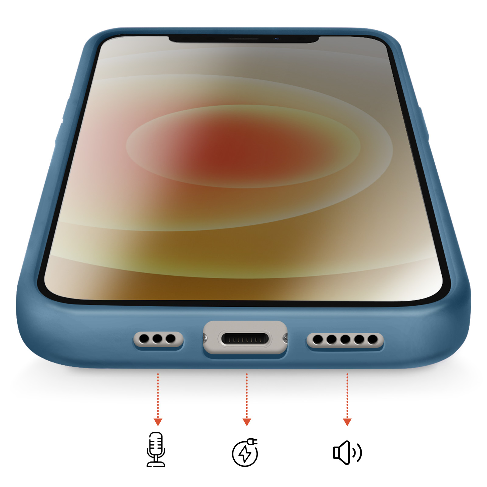 Blaues Handy mit Ladeanschluss, Mikrofon und Lautsprechersymbolen.