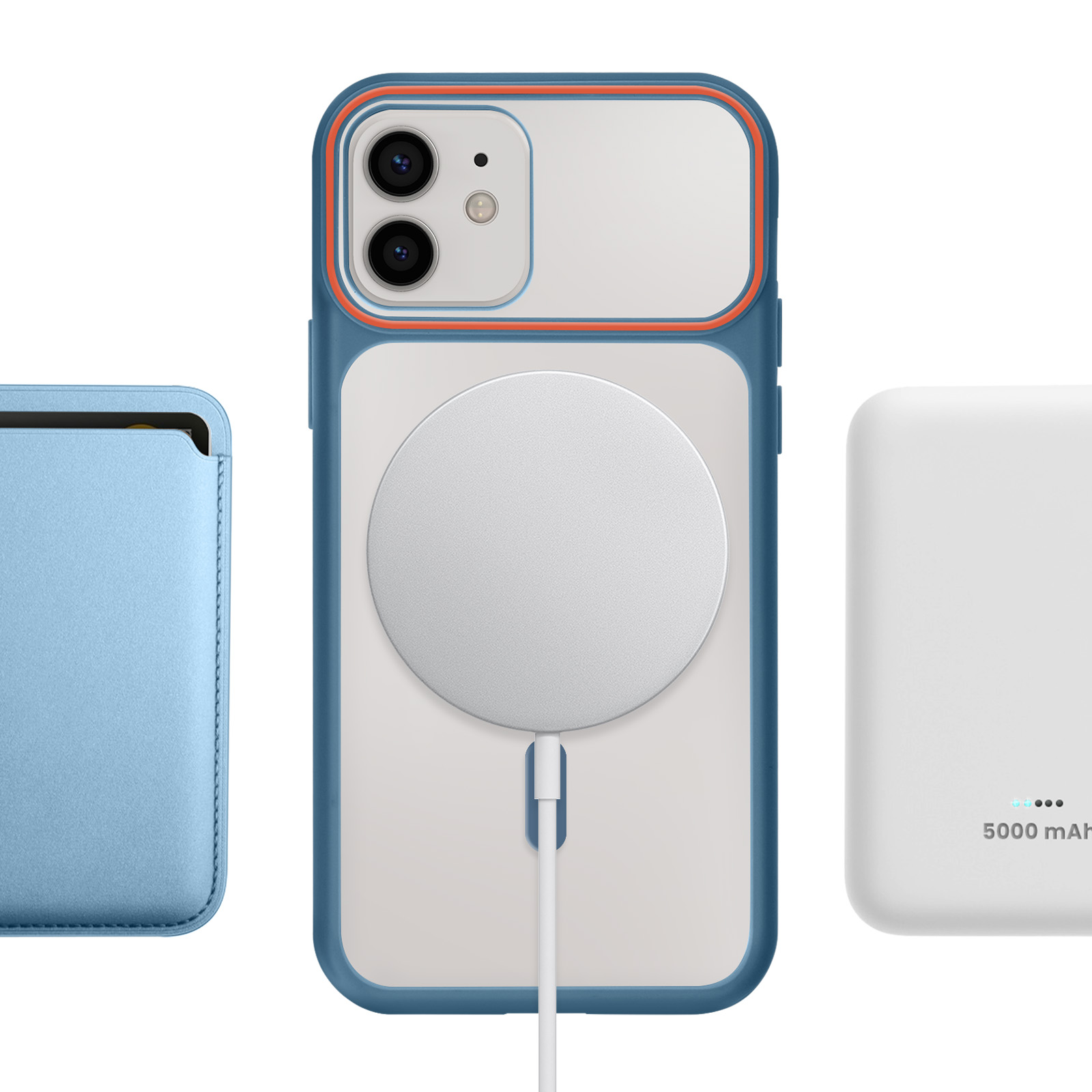 Ein blaues iPhone-Etui mit orangenem Rand, ein MagSafe-Ladegerät und ein weißer Akku.