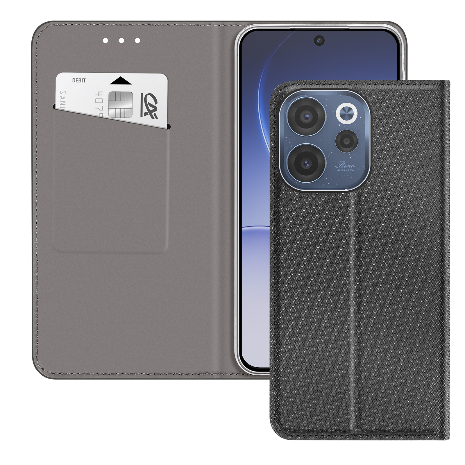 Ein graues Klapphandy mit einer Debitkarte und einem schwarzen Handy mit drei Kameras.
