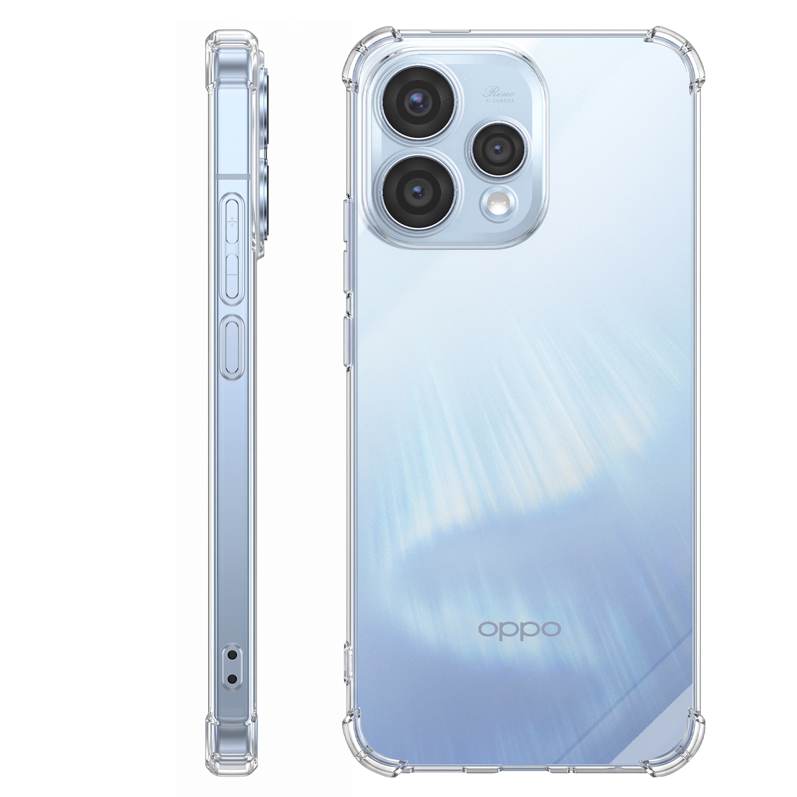 Transparente Hülle für ein Handy mit drei Kameras und OPPO Schriftzug.
