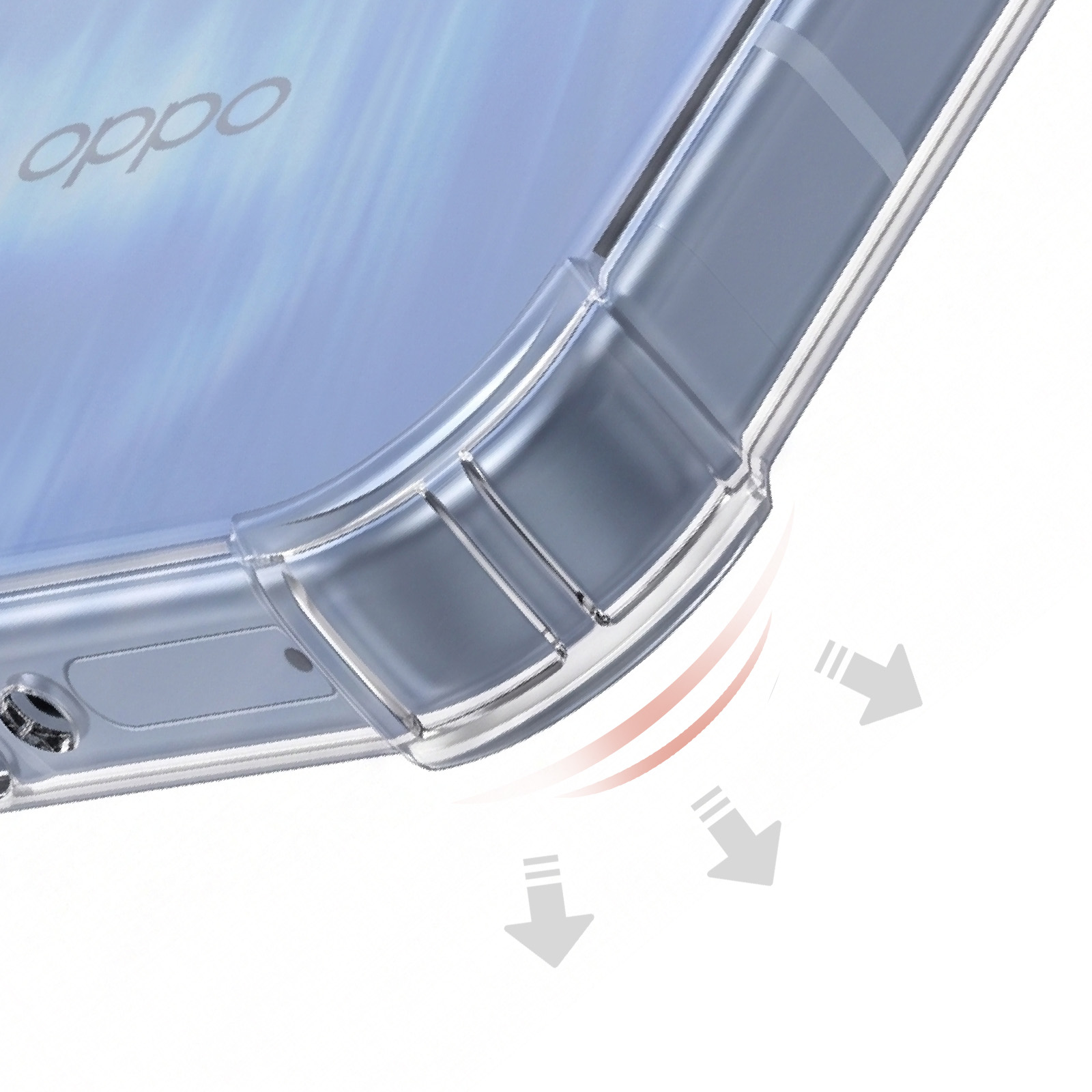 Transparenter Handy-Schutz mit "oppo"-Logo und Stoßschutz-Pfeilen.