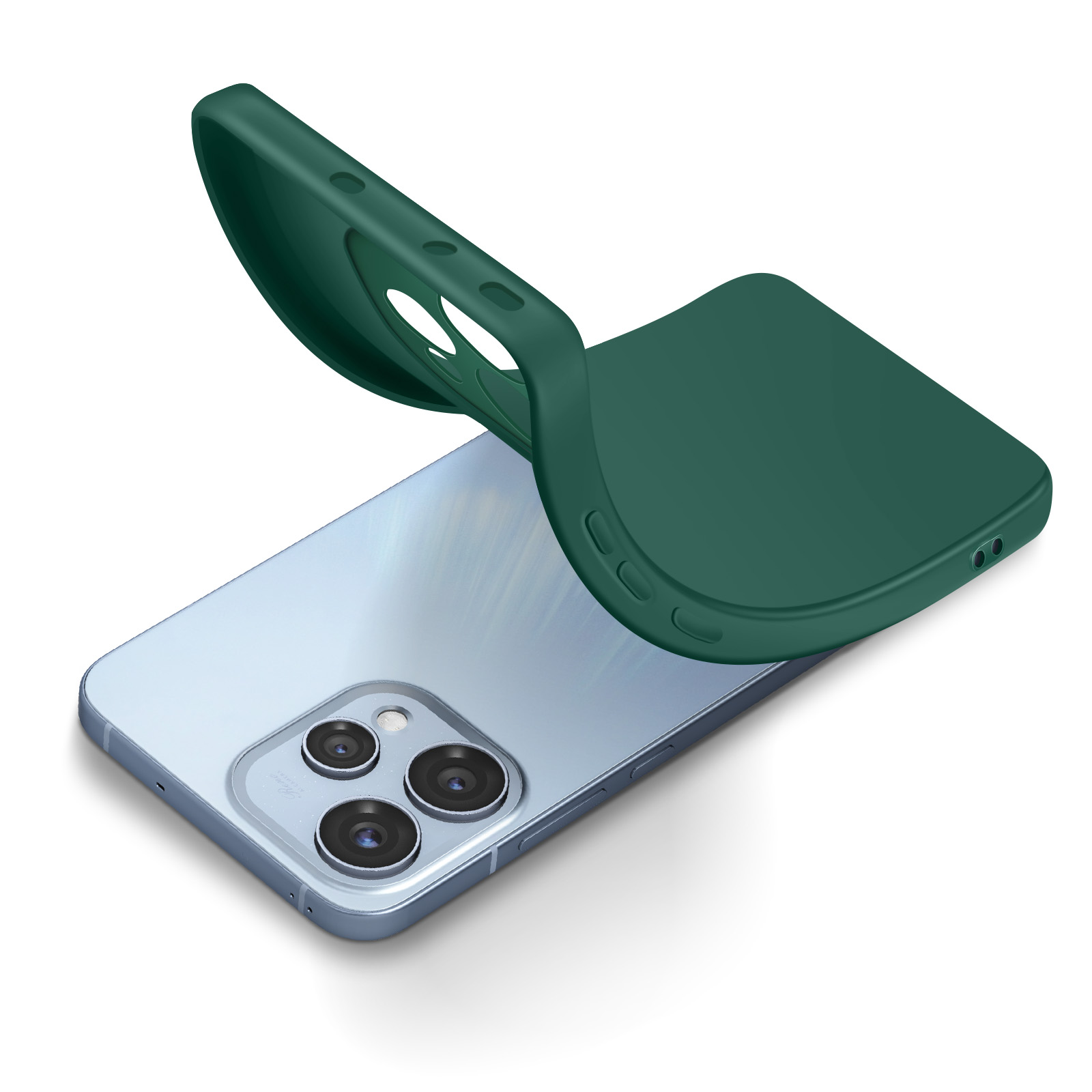 Ein dunkelgrüner Handyhülle über einem hellblauen Smartphone.